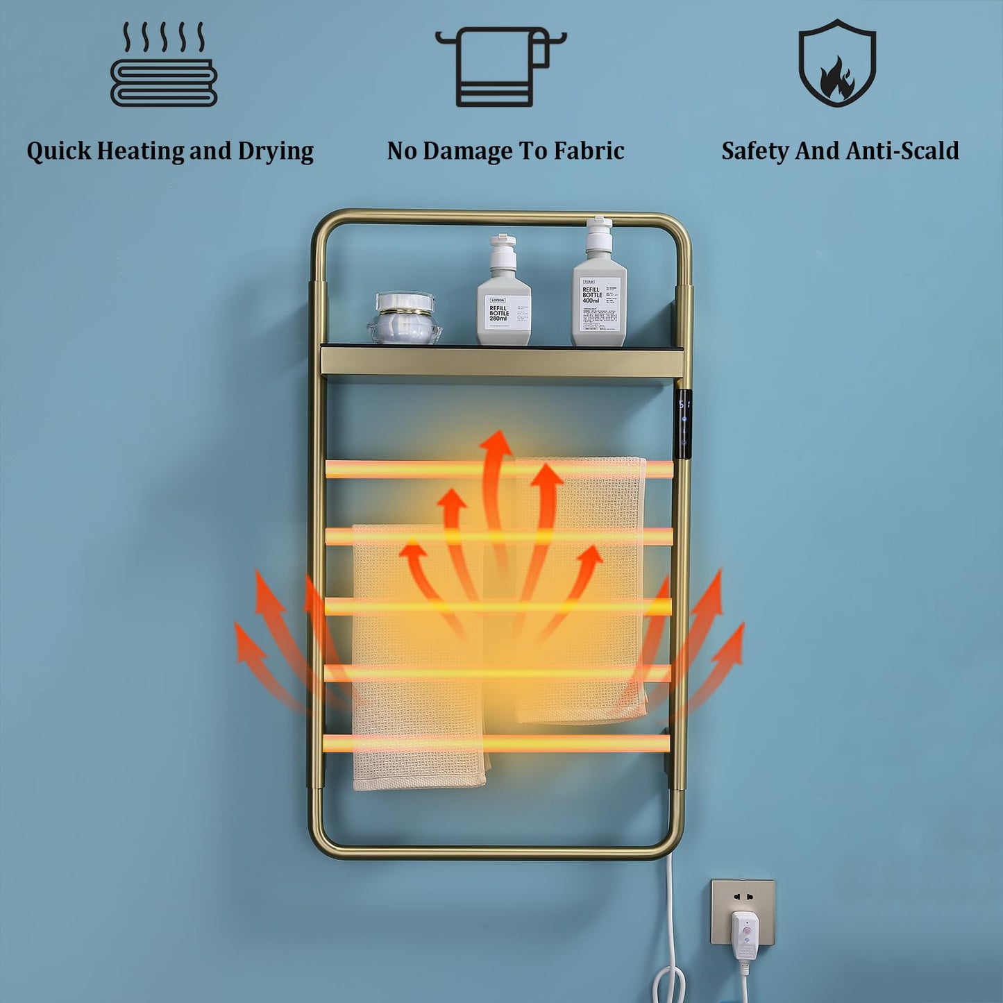Sèche-Serviettes Électrique Intelligent WiFi Commande Vocale avec Étagère Pliable, avec Minuterie, 45-70 °C, 5 Barres 65 W Porte-Serviettes Chauffant, 85x50CM Radiateur De Salle De Bain