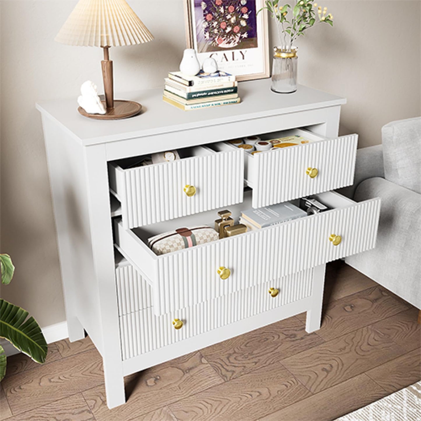 Peiaw Commode,Blanc bahut de Salle a Manger,Commode Verticale à 5 tiroirs,Commode avec poignées dorées, casier, Meuble à Chaussures 79 x 39.5 x 80.5 cm, adapté pour Balcon, Chambre et Bureau