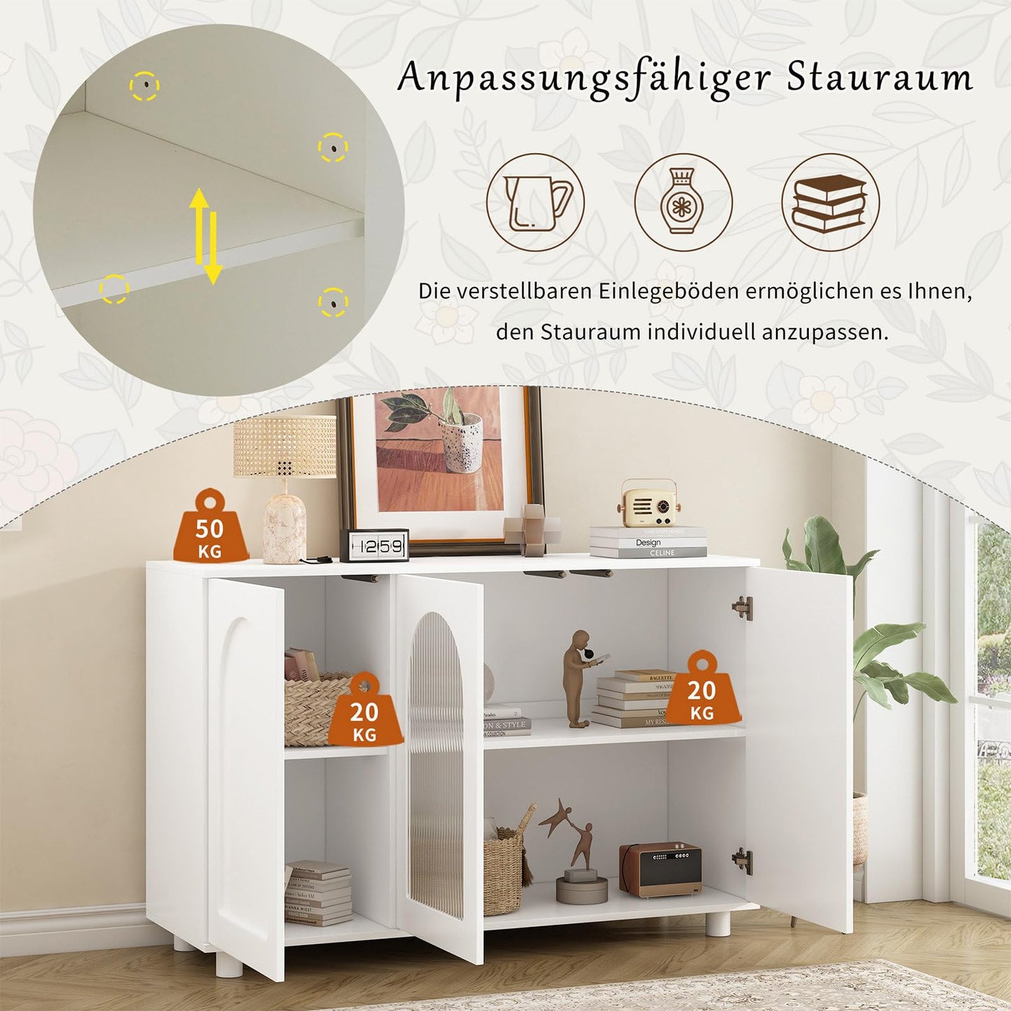 Sideboard mit 3 Türen, Küchenschrank Glastür, Kommode U-förmig Einfaches Design, Mehrzweckschrank Hohe Belastung, Verstellbare Regalhöhe, Sprungbrett-Design, 120 x 78.5 x 40 cm(B/H/T), Weiß