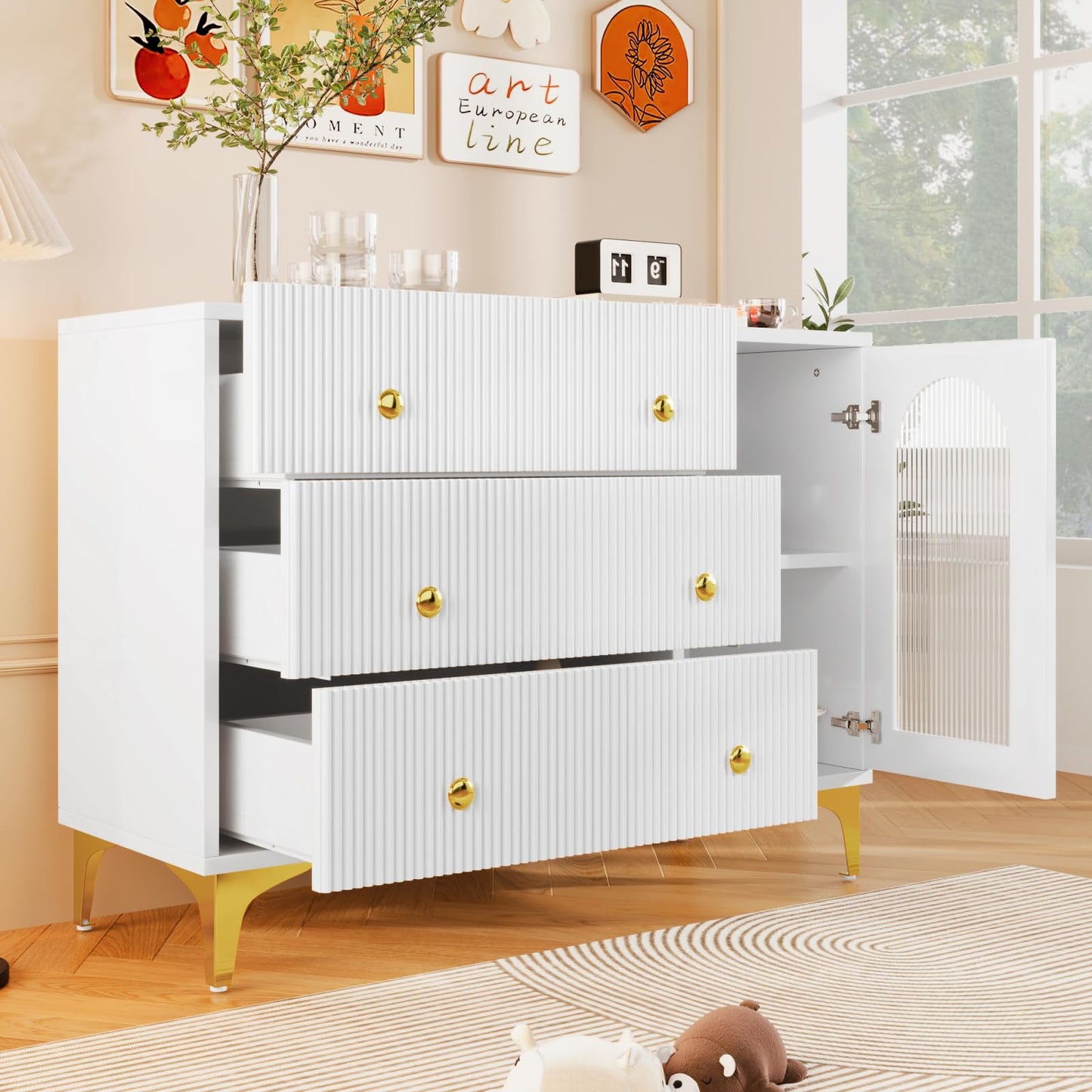 Buffet,Meuble de Cuisine Rangement, Blanc Commode, 105.5 x 40 x 78 cm,Buffet Salon avec 1 Portes Vitrées 3 Tiroirs,Convient aux Chambres, Bureaux, salles de Classe et balcons