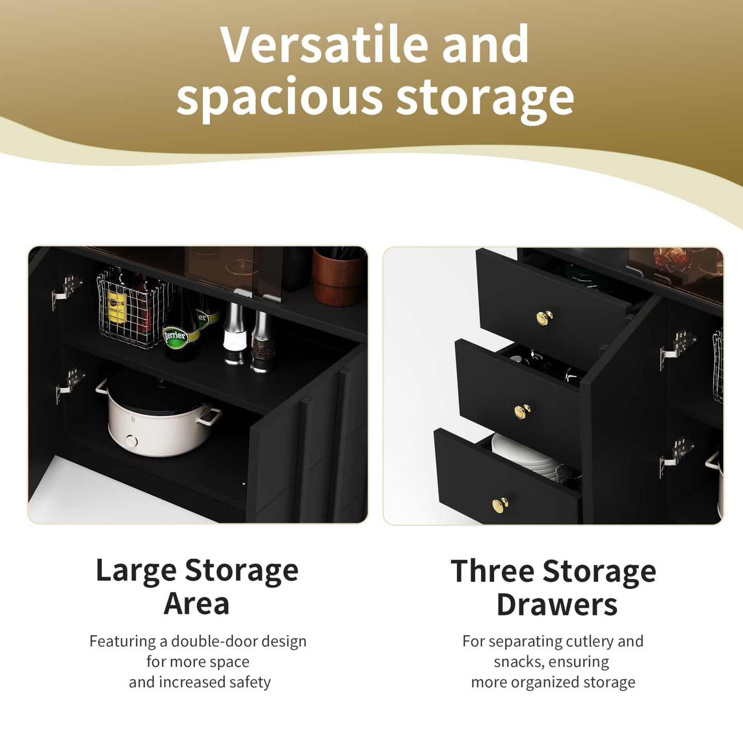 Peiaw Buffets, Meuble de Rangement,Meubles de Salon Modernes,Armoires de Cuisine Noir,Commode avec poignées dorées et Portes coulissantes en Verre fumé,Buffet avec 2 Portes et 3 tiroirs 120×33×95 cm