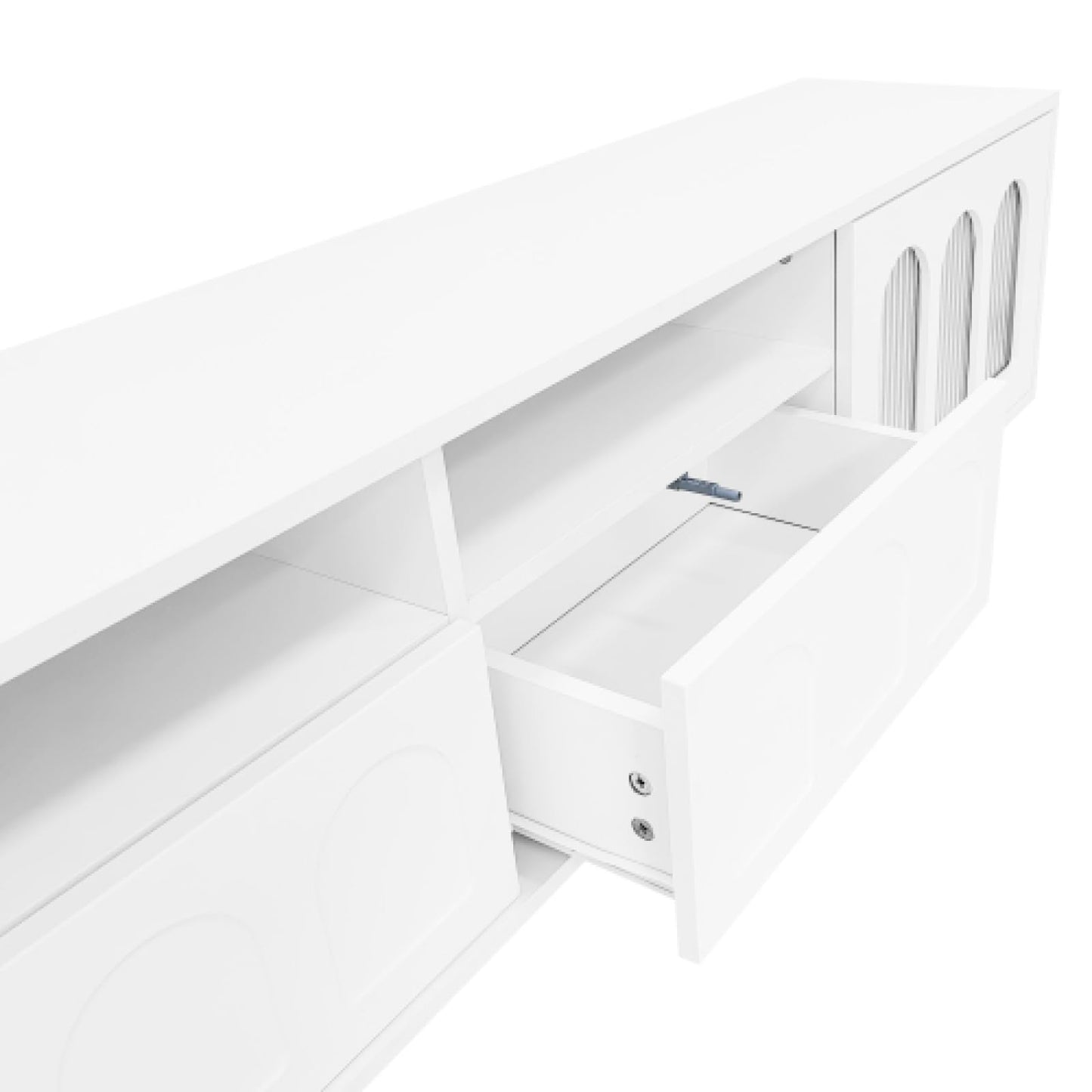 Meuble TV, Table TV à Porte vitrée cintrée, Meuble TV de Salon avec Porte Push-Open, Banc TV, Meuble TV à Structure symétrique, Meuble TV de Salon avec cloison Ouverte, Meuble TV 180cmx30cmx48cm