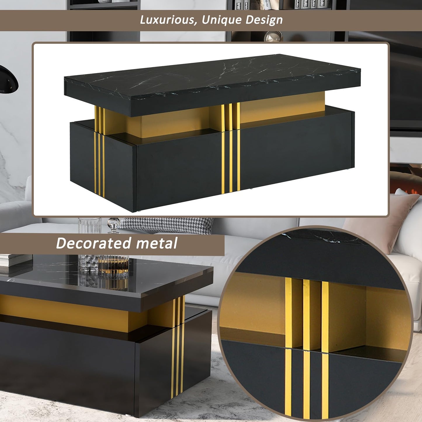 Peiaw Table Basse,Table Basse Salon,Table Basse en marbre Noir,Table Basse rectangulaire Moderne,Table Basse avec 2 tiroirs en Bois,Bordure dorée métallisée sur Le côté,Table Basse 100 x 50 x 40cm