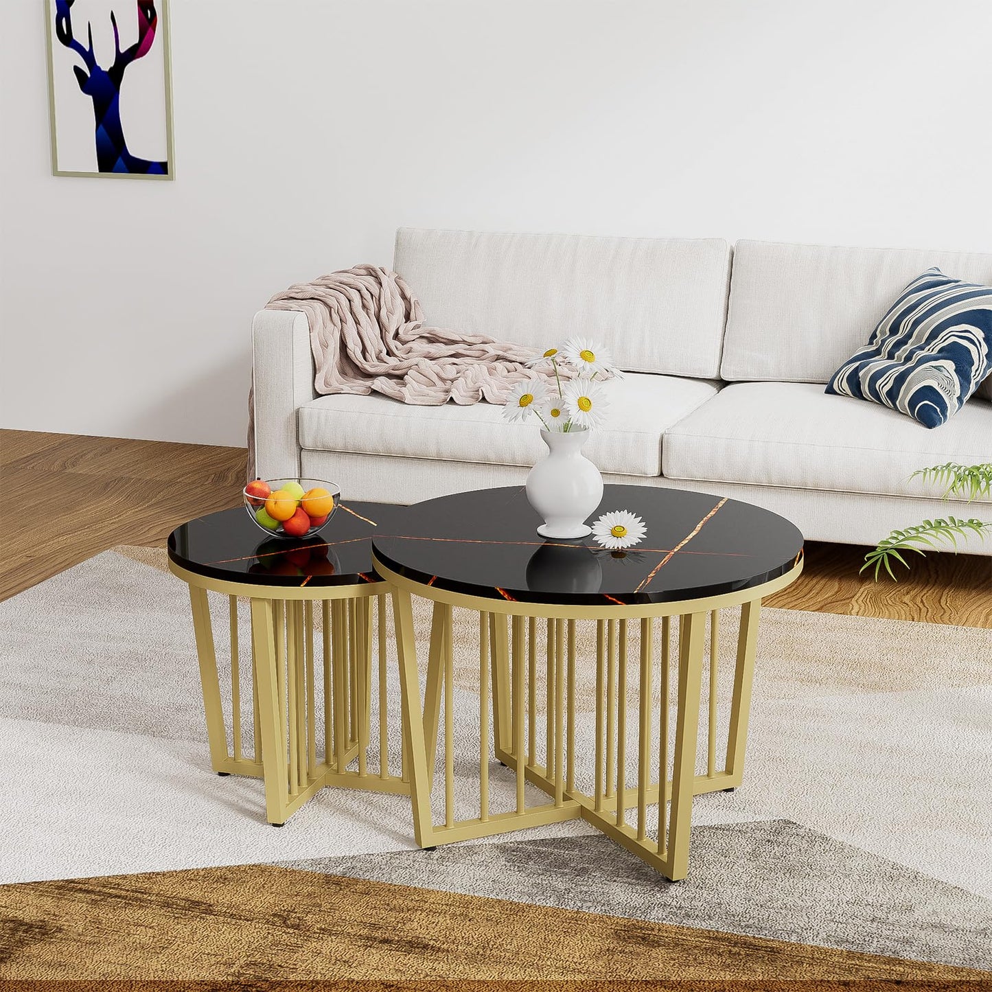 Peiaw Table Basse,Table de Salon,Table Basse Ronde,Lot de 2 Tables Basses,Table de Salon Moderne,Aspect marbre Noir Brillant et Cadre en Acier doré,Table de Salon 70x70x50cm et 50x50x45cm