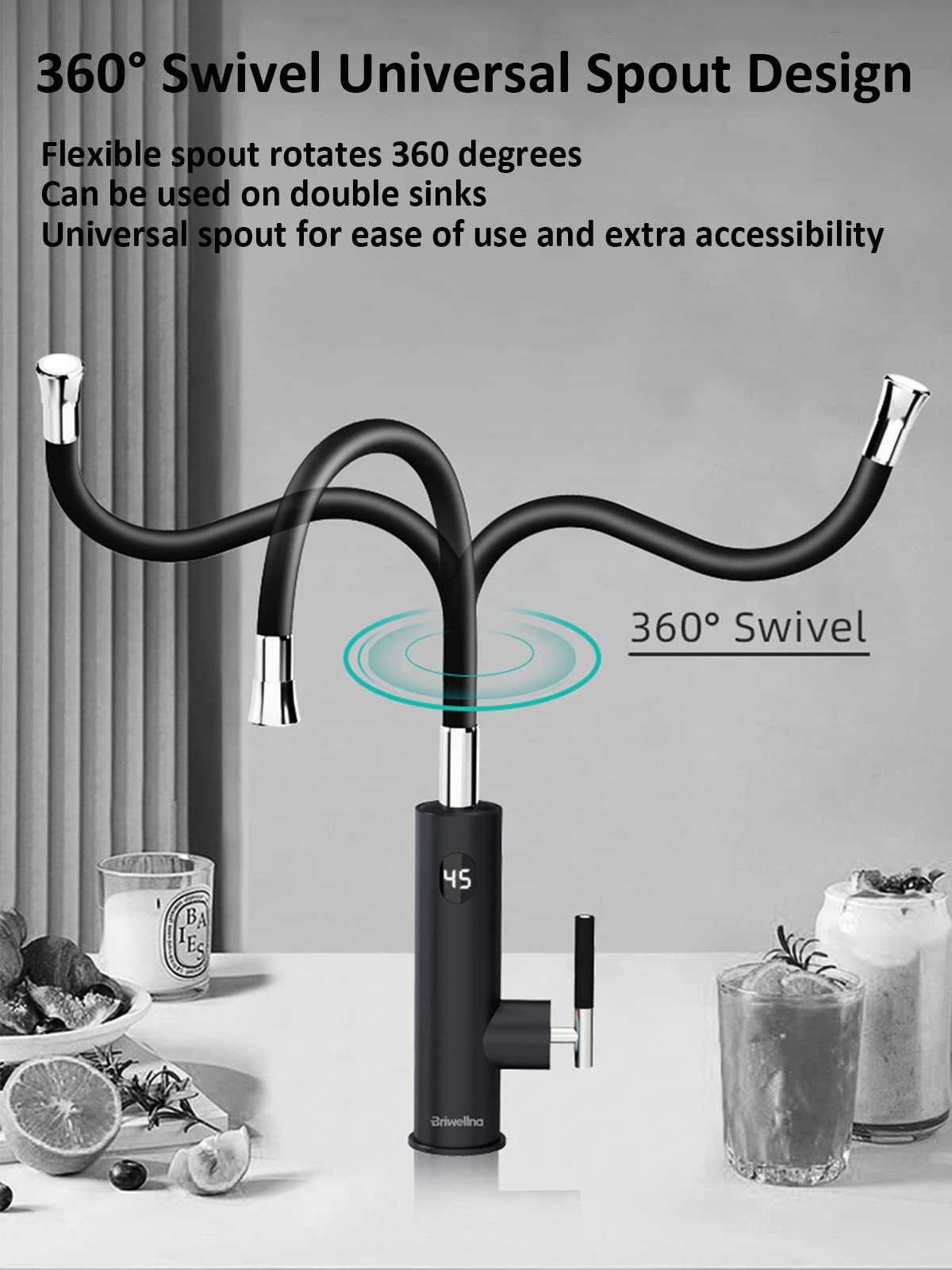 Robinet Électrique Сhauffe-Eau Instantané 3200W, Rotatif à 360° Robinet Evier de Cuisine en Acier Inoxydable avec Affichage de la Température LED et Flexible Bec, 230V Robinet Chauffant Instantané