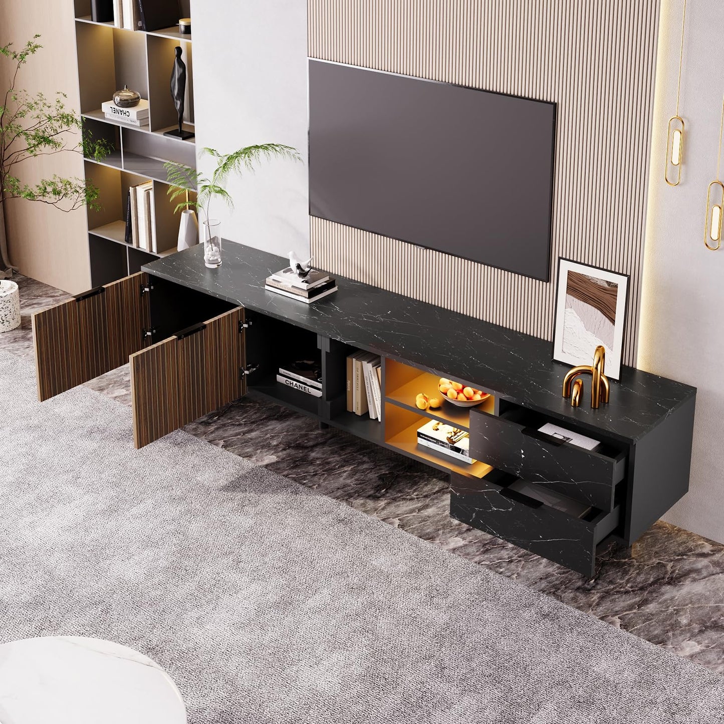 Peiaw Meuble TV,Meubles TV,Banc TV Noir,Éclairage LED réglable,Meuble Tele avec Deux Portes et Deux tiroirs,Meuble TV LED 200 x 38 x 50 cm,Convient pour Salon ou Chambre
