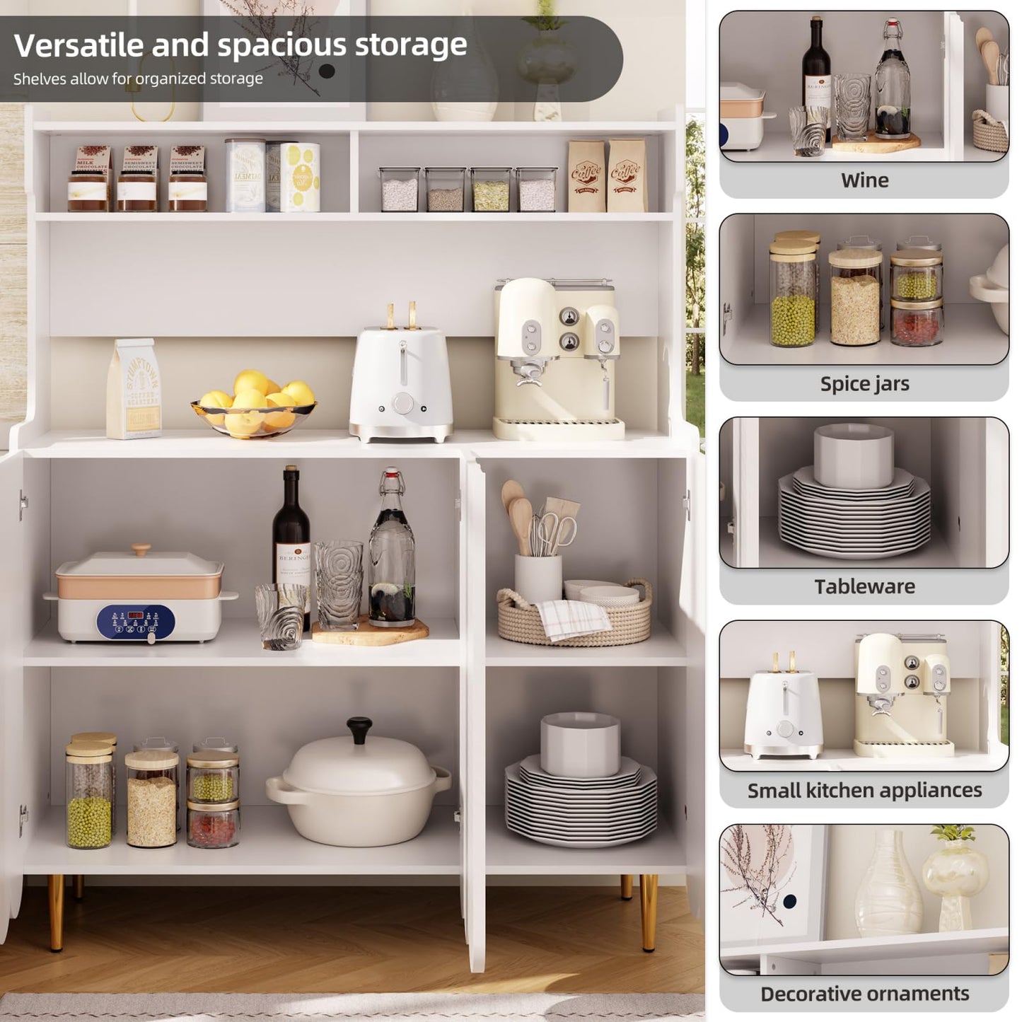 Peiaw Buffet,Meuble de Rangement Blanc,Placard,Bibliothèque,Buffet à 3 Portes,Buffet avec Pieds cylindriques dorés,120 x 40 x 151 cm,Convient pour Le Bureau du Salon de la Cuisine