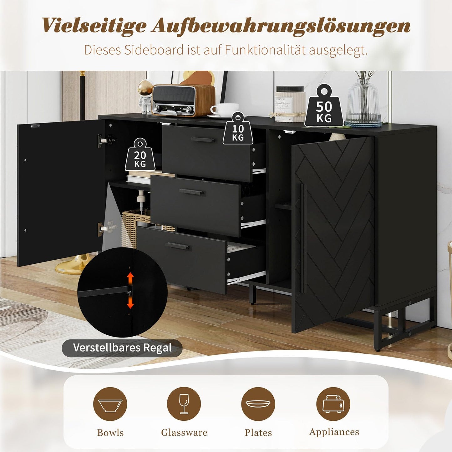 Sideboard, Kommode 2 Türen und 3 Schubladen, Küchenschrank Schwarz Moderner Stil, Mehrzweckschrank Hohe Tragfähigkeit, Verstellbare Regale, Mattschwarzer Griff, 145 x 75 x 40 cm (B/H/T)