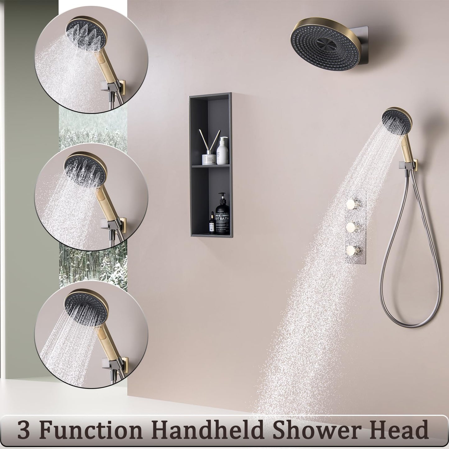 Colonne de Douche Thermostatique, Gris Pistolet et Or Brossé Colonne Douche Encastrable 2 Fonctions Ensemble de Douche Mural Kit de Douche avec Pommeau de Douche et Douchette