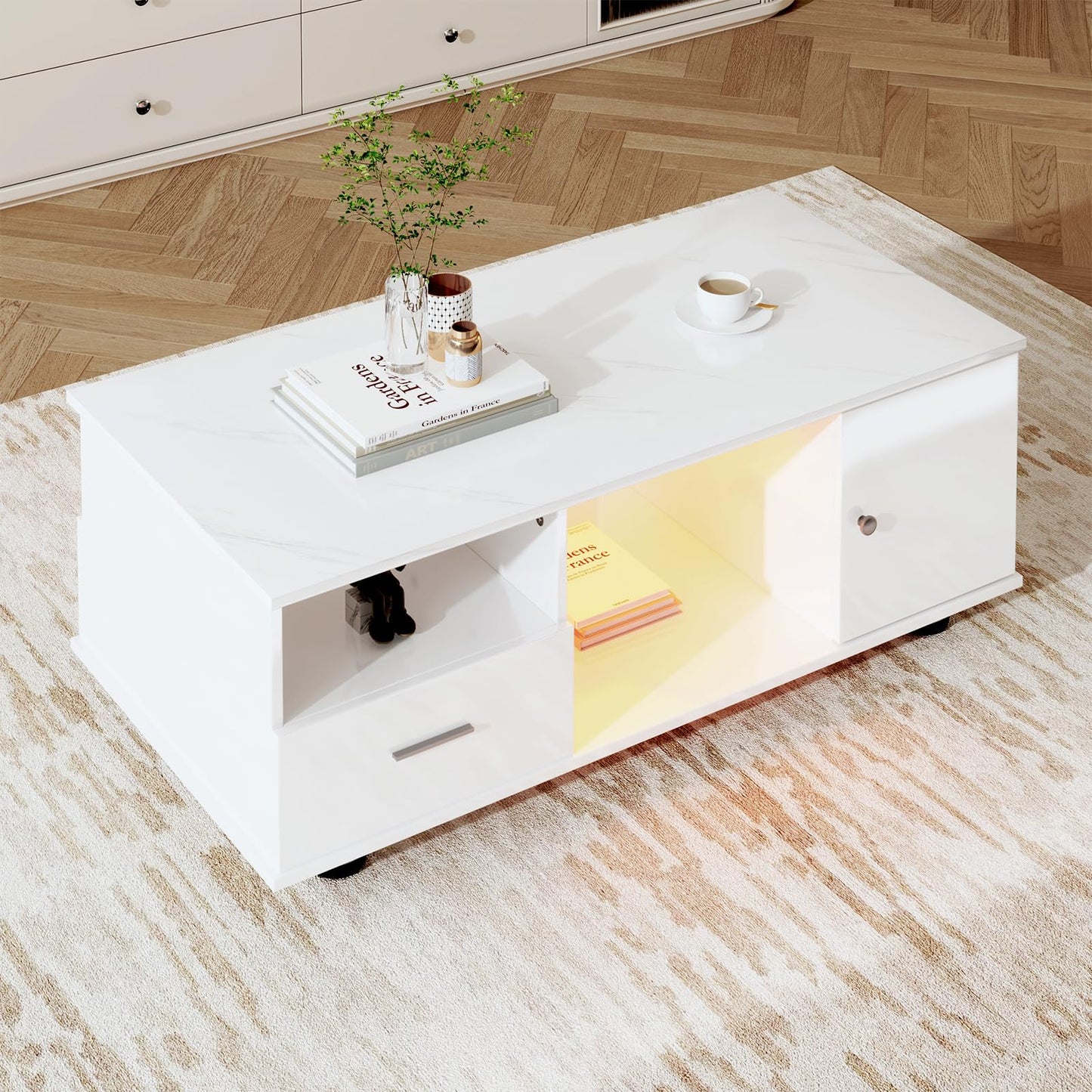 Peiaw Table Basse,Table Basse Salon,Table Basse Blanche,Table Basse LED Moderne,Table Basse avec Plateau en marbre,Table Basse avec Deux tiroirs et Portes,Table Basse 110 x 38,8 x 55 cm