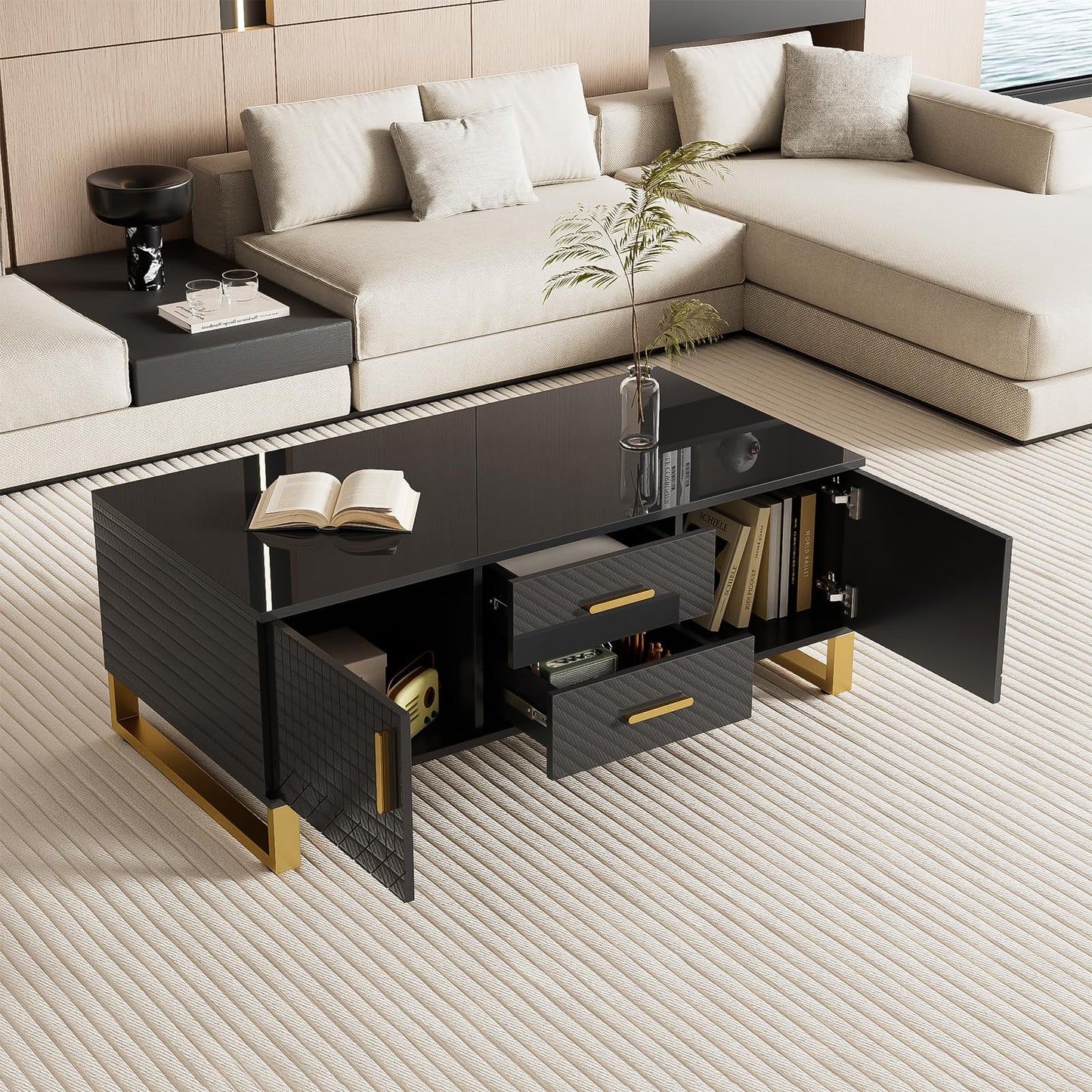 Table basse,Table basse salon,Table basse brillante,Table basse carrée avec tiroirs,équipée de deux portes,Poignées et pieds dorés,avec compartiment de rangement ouvert,Table basse 107x40,5x55 cm