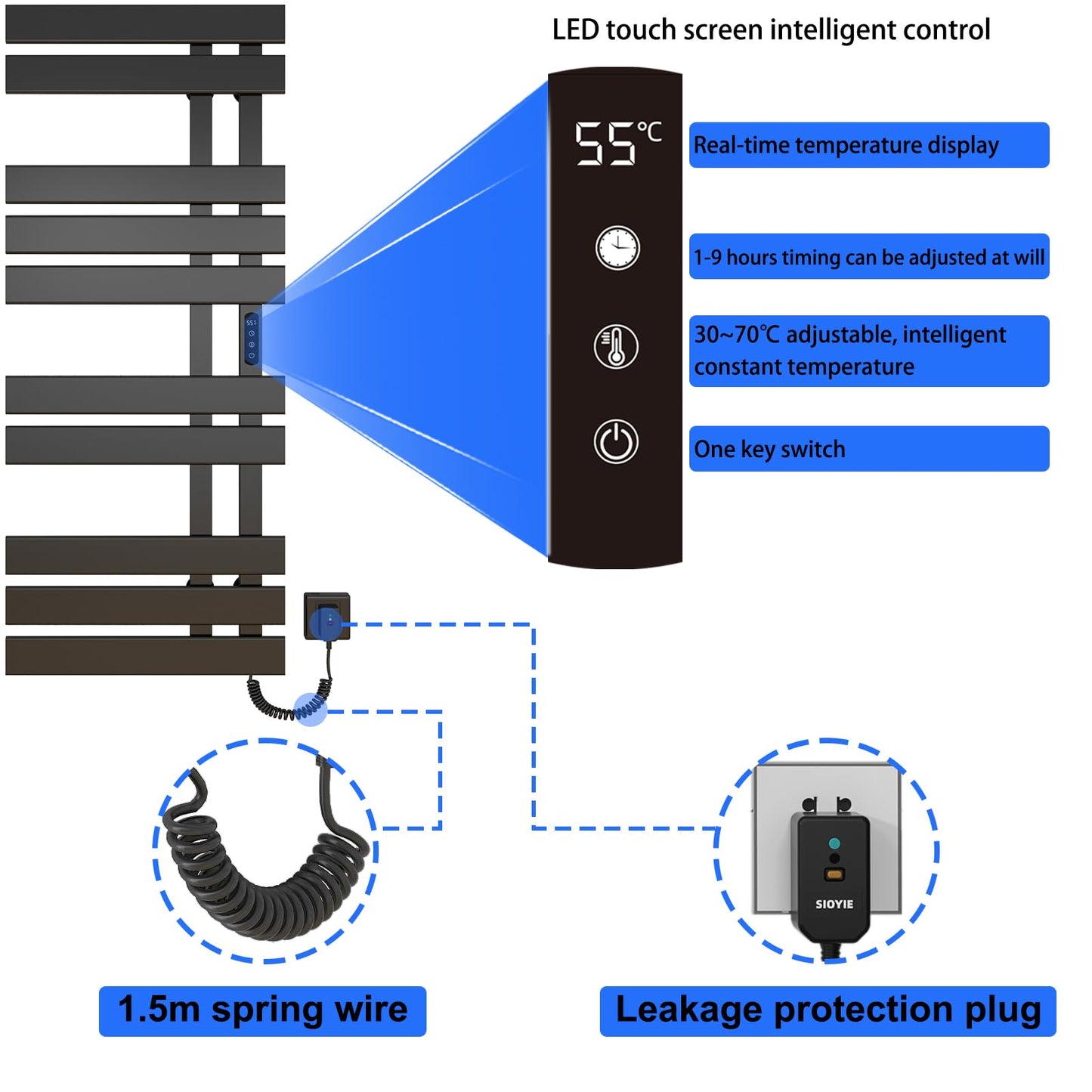 OihPaw Sèche-serviette électrique,Porte-Serviettes électrique, Chauffe-Serviettes Intelligent à Température Constante, Température Réglable - G576