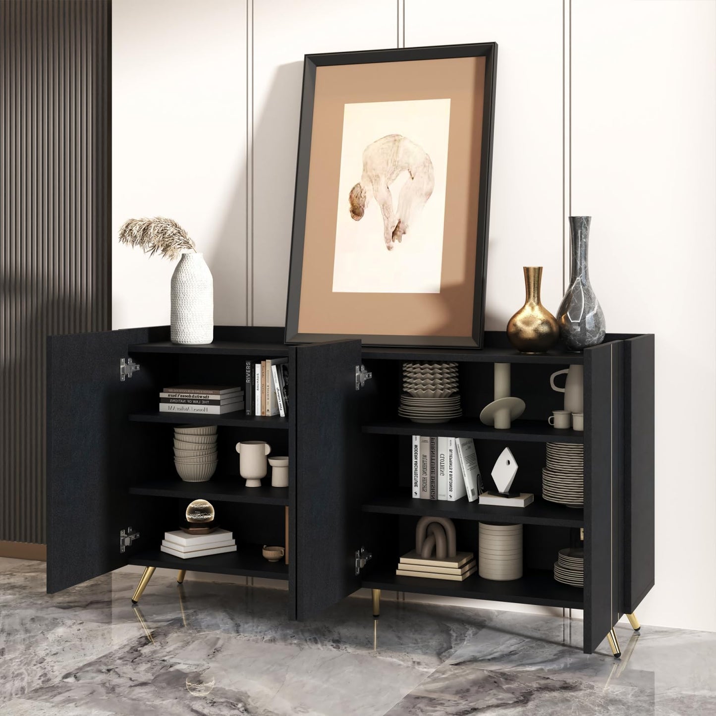 Buffet cuisine,Armoire multifonctionnelle,meuble de salon noir,Buffet moderne en bois,Buffet 4 portes,pieds dorés,bande de métal doré,Salon cuisine salle à manger meuble de rangement 160x38x80 cm