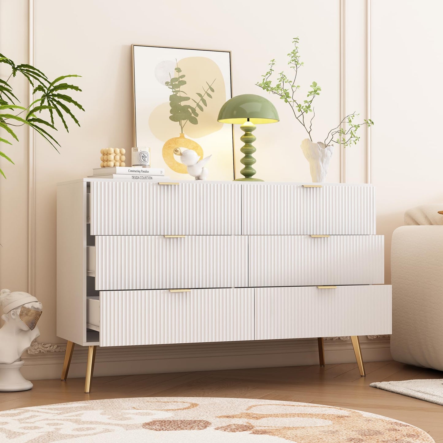 Buffets,Meuble de Rangement Blanc,armoires de Cuisine,Coiffeuse, Buffet avec 6 tiroirs, Pieds plaqués Or, 6 commodes avec poignées, 120 x 40 x 78 cm,Convient pour entrée,Salle à Manger, Bureau