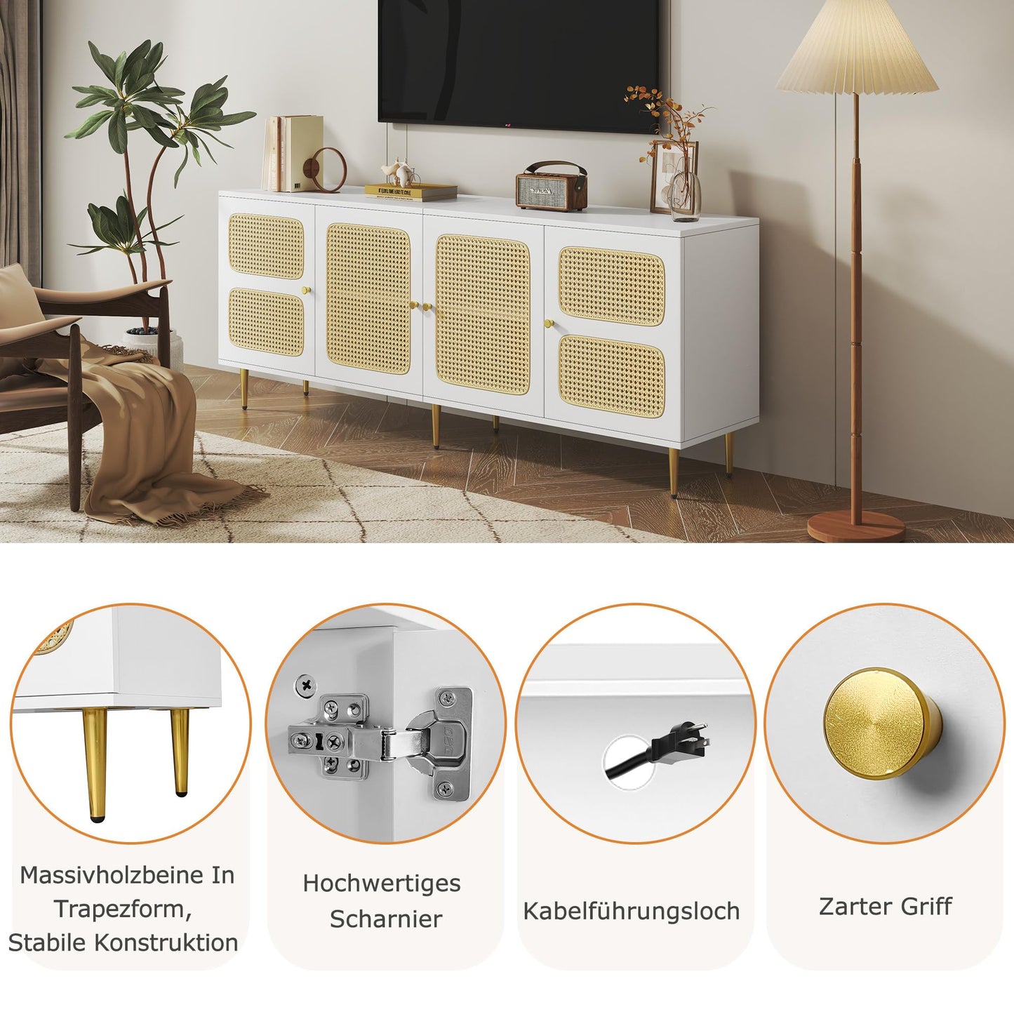 Meuble TV Blanc Banc TV en Rotin avec 4 Portes en Rotin,pour Téléviseurs Jusqu'à 80 pouces,180x40x72cm, Meubles TV élégants pour Salon Chambre,étagères réglables en Hauteur, Grand Espace de Rangement