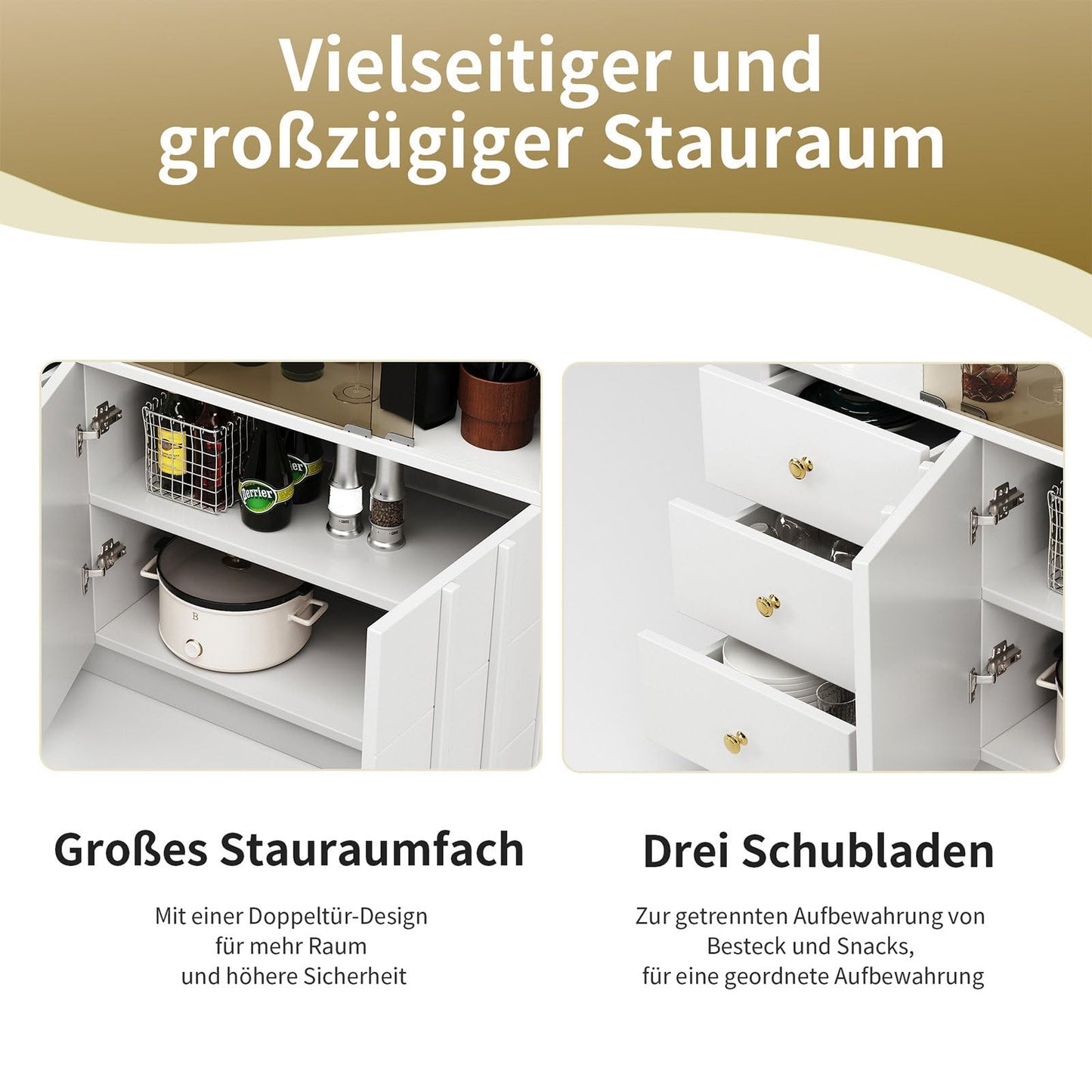 Sideboard Mit Glastür, Küchenschrank, Kommode, Modern Mehrzweckschrank für Wohnzimmer, Esszimmer Aufbewahrungsschrank 3 Schubladen, 2 Türen, Hohe Tragfähigkeit, 100 x 90.5 x 40 cm (B/H/T)