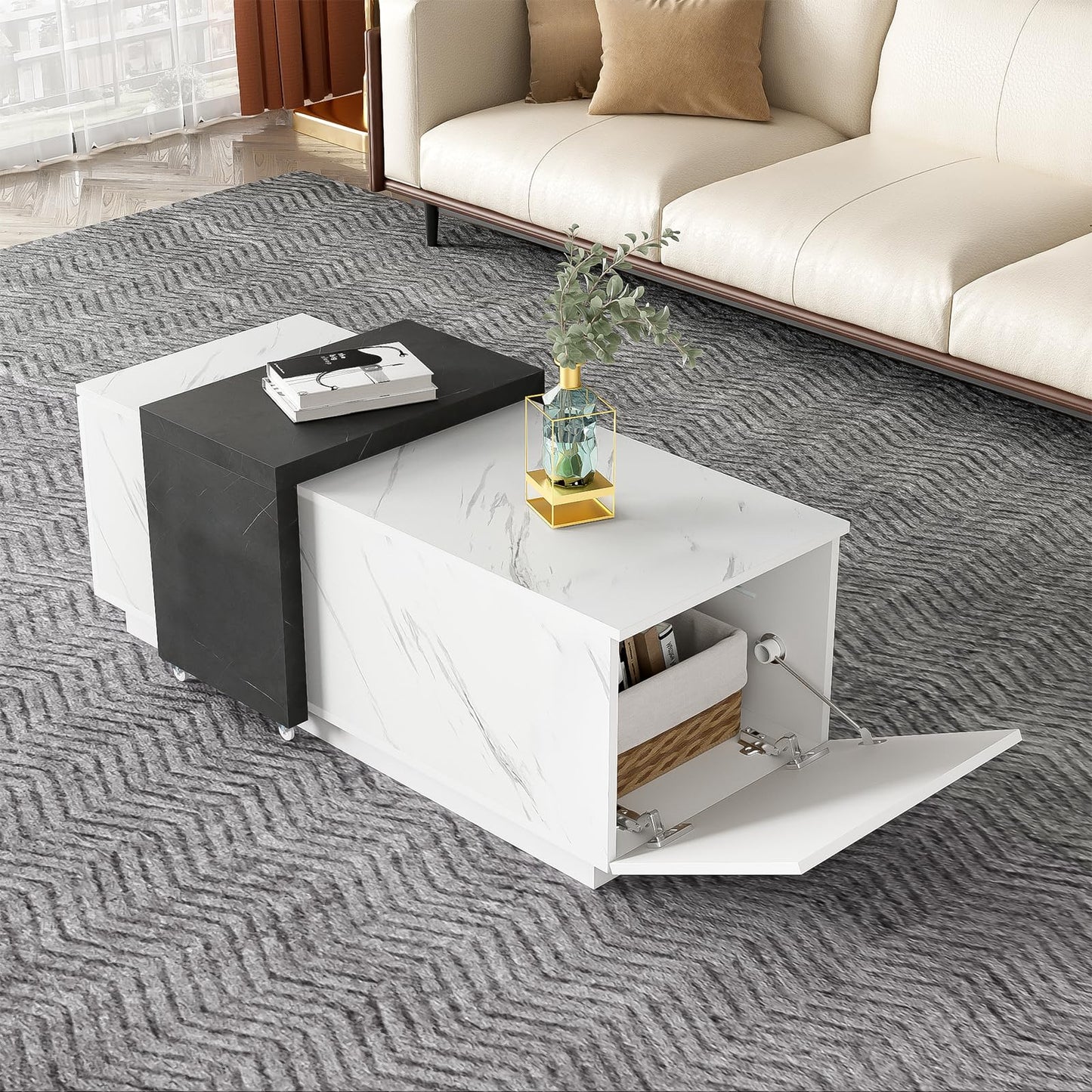 Table basse,Table de salon, aspect marbre blanc, table basse mobile en marbre noir, deux portes de placard, avec charnières amortissantes, avec espace de rangement, table basse de 110 x 50 x 40 cm