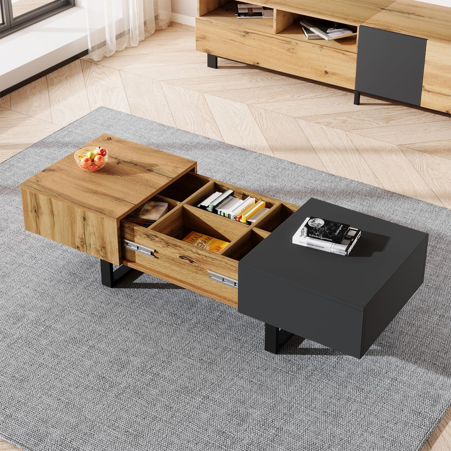 Table basse,Table basse salon,Table basse anthracite, table basse coulissante moderne multifonctionnelle avec rangement caché, support en bois et métal de haute qualité, table basse 155 x 55 x 22 cm