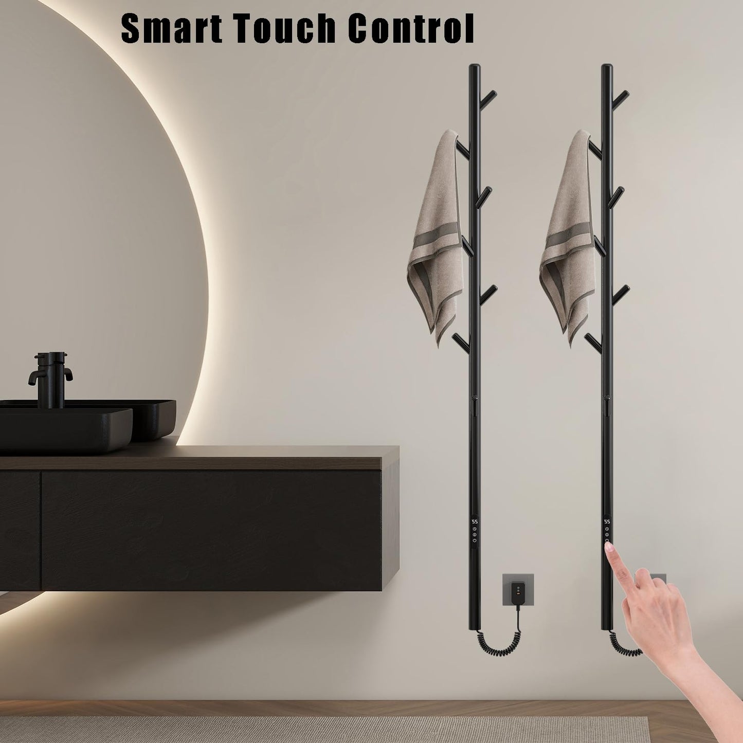 OihPaw Sèche-serviette électrique Noir Affichage Numérique 110 W Porte-Serviettes Chauffant Électrique 1500 mm Acier Inoxydable Thermostat Radiateur de Salle de Bain