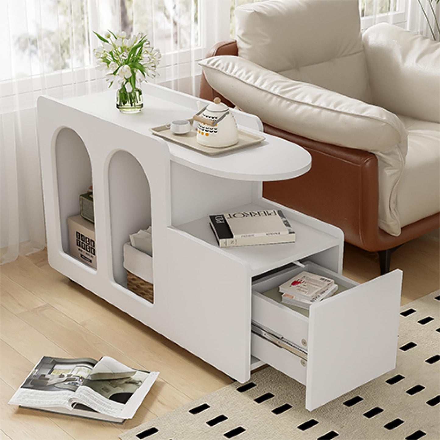Peiaw Buffet,Meuble de Rangement,Commode,Compartiment Ouvert,Buffet Blanc,82 x 30 x 53 cm Armoire latérale Design en Arc,Convient aux Restaurants, Chambres, balcons, Bureaux