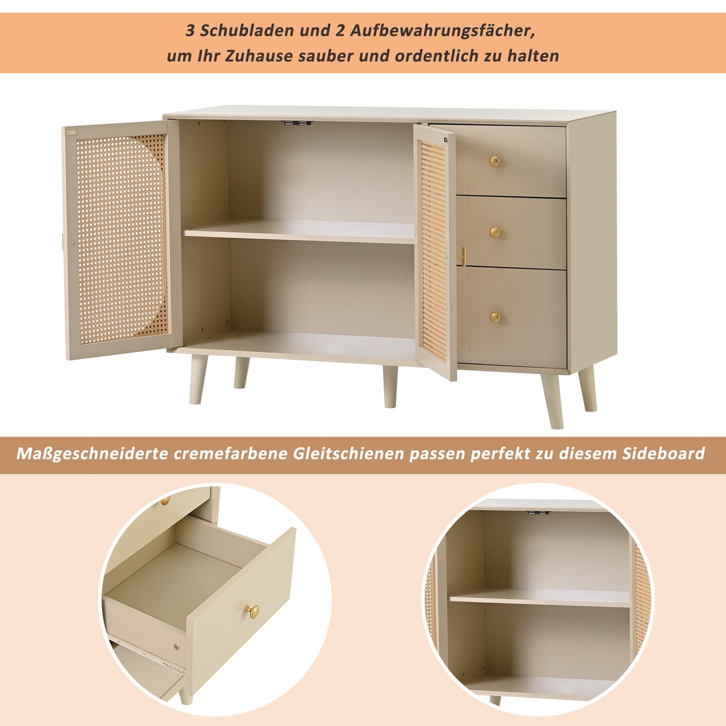 Buffet Salon Élégant Commode avec 2 Portes et 3 Tiroirs, Meuble Buffet, Grand Espace de Rangement, Bahut Blanc Cassé, Meuble de Rangement Idéal pour Chambre, Entrée, Salle à Manger, 120x40x82,5 cm