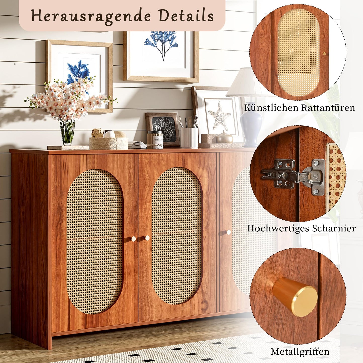 SHUGUANG 125 x 38 x 78 cm Buffet Moderne, Armoire Cuisine avec 3 Portes d'armoire Avoir Grand Espace de Rangement et Portes en Rotin Artificiel, Buffet de Salon Applicables à Salon, Salle à Manger