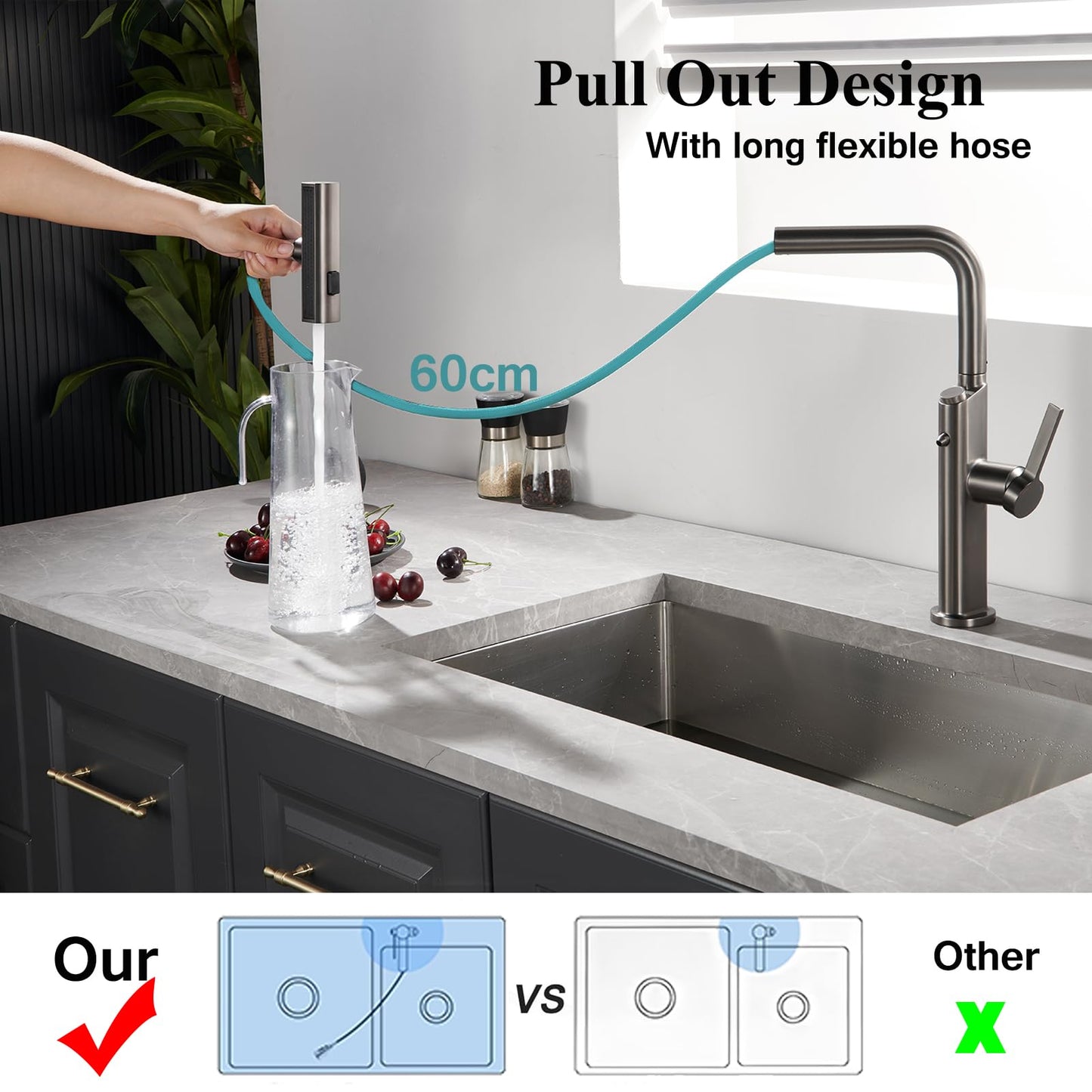 Cuisine 3 Voies avec Douchette Extractible, Robinetterie eau Potable Pivotant à 360°, 4 Modes Robinet Cuisine Cascade, Robinet Mitigeur Évier de Cuisine pour Systèmes d'Osmose