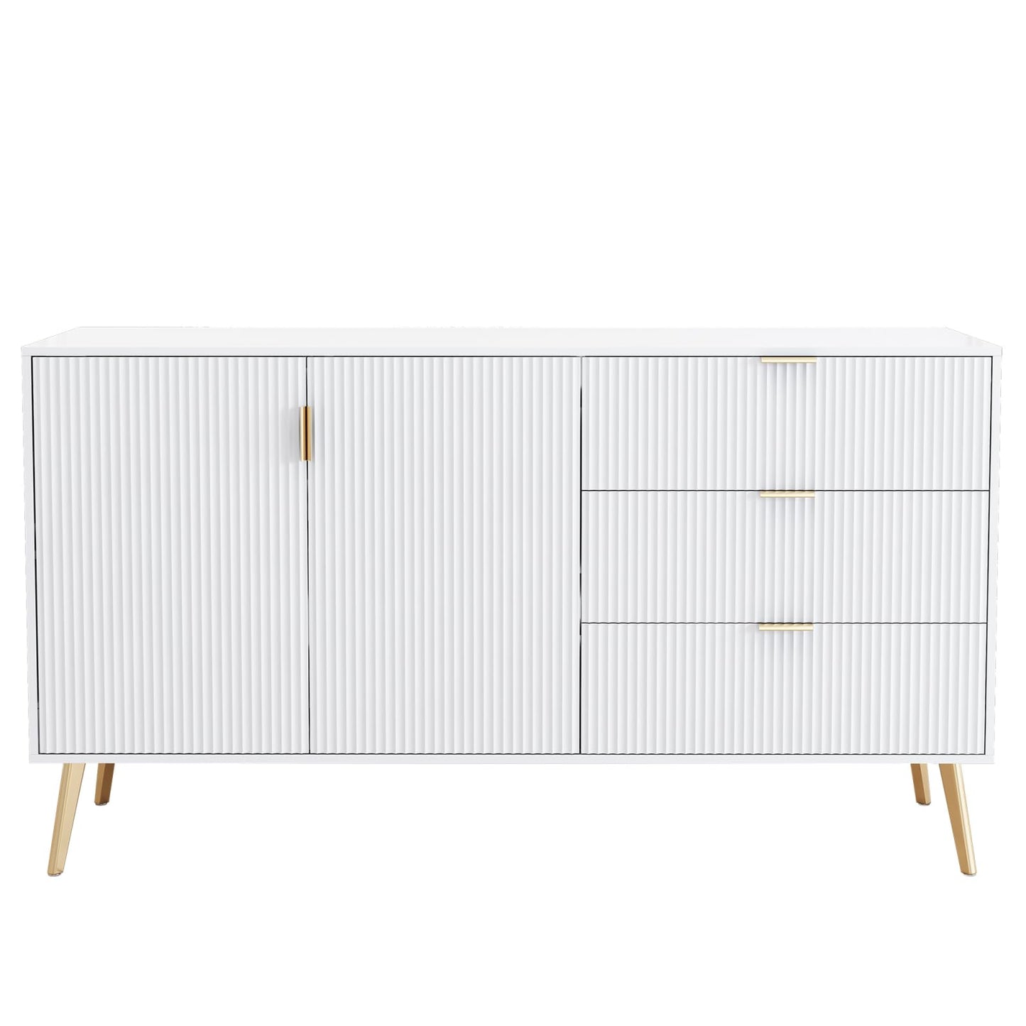 Buffets,Meuble de rangement blanc,placard,Commode de salon moderne,Buffet avec 2 portes et 3 tiroirs,Commode avec poignées et pieds dorés,Convient pour cuisine,salle à manger, bureau 140 x 40 x 78 cm