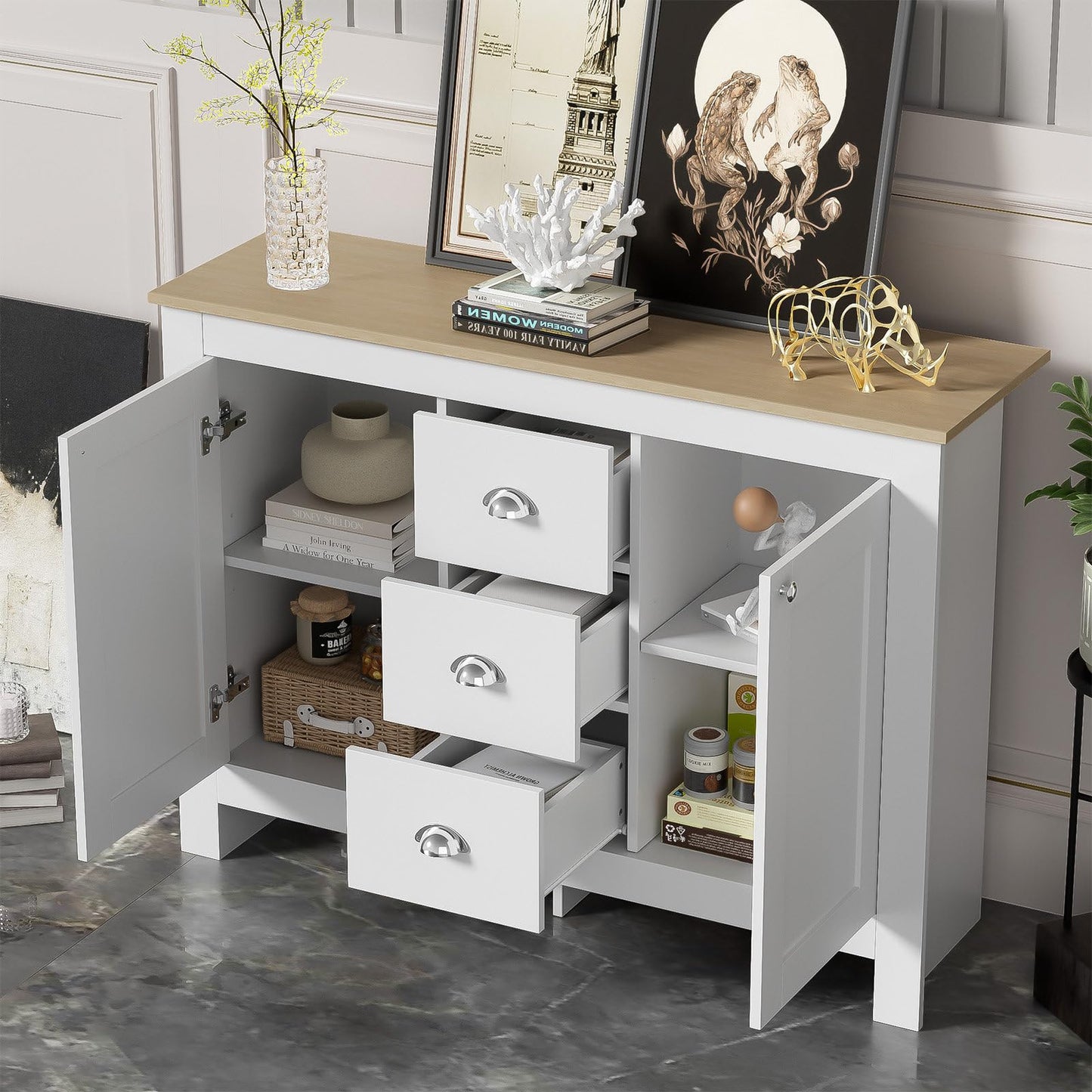Kommode, Sideboard, Küchenschrank mit 2 Türen und 3 Schubladen, Mehrzweckschrank Hohe Tragfähigkeit, Schubladenschrank Soft Close Scharnieren, Verstellbare Regalhöhe, 116 x 81 x 35 cm(B/H/T), Weiß