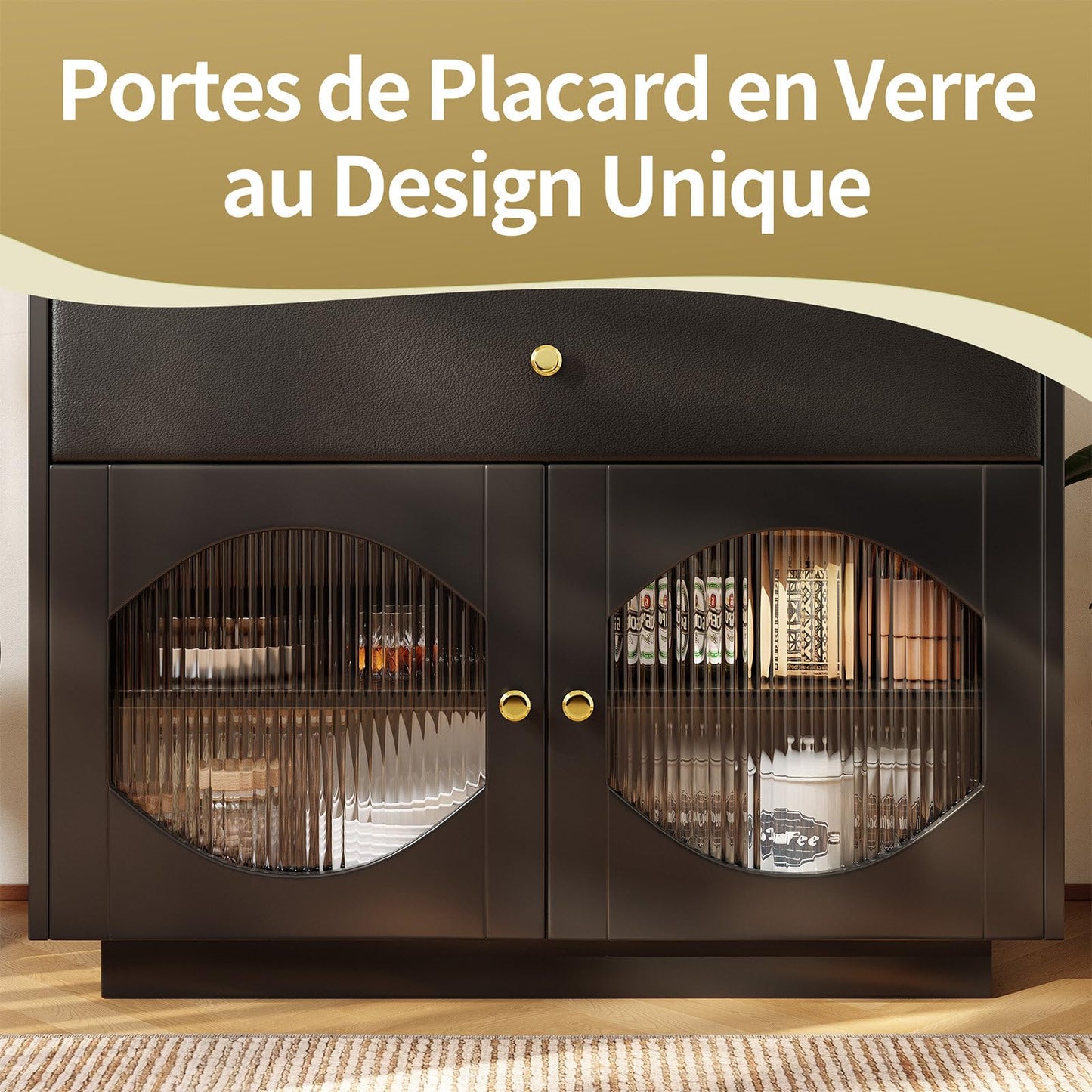 Sideboard Mit Glastür, Küchenschrank Mit Schublade aus PU-Leder, Kommode Modern, Mehrzweckschrank für Wohnzimmer, Esszimmer, Hohe Tragfähigkeit, 100 x 90.5 x 40 cm (B/H/T)
