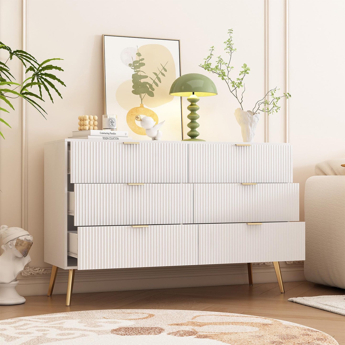 Sideboard Weiß Modernes, Kommode 6 Schubladen, Küchenschrank mit Vergoldeten Beinen und Griffen, Mehrzweckschrank Große Kapazität, 120 x 78 x 40 cm (B/H/T), für Schlafzimmer, Wohnzimmer, Esszimmer