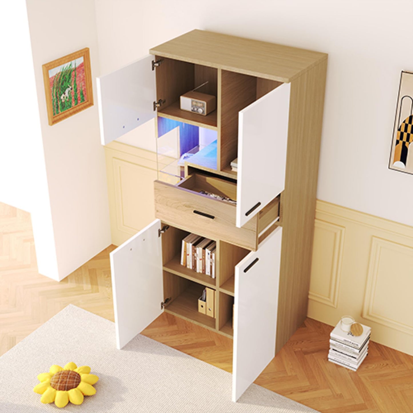 Buffet,Meuble de cuisine rangement,buffet Blanc avec 4 portes et 1 tiroir, buffet avec éclairage LED,Armoires avec éclairage, meubles avec portes vitrées,mobilier moderne 150 x 40 x 78 cm,vitrine