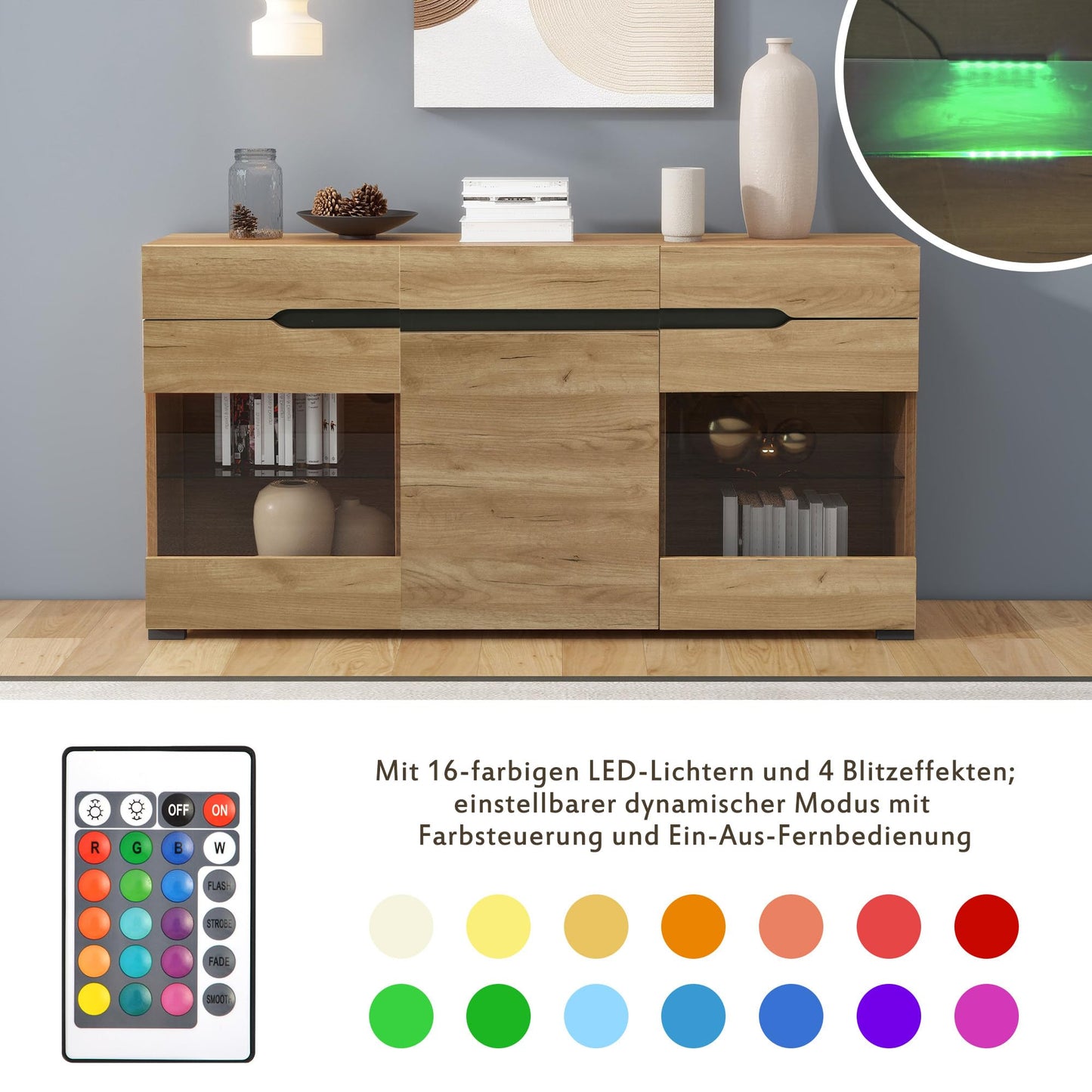 Buffet Salon LED, Meuble Buffet avec 3 Portes 3 Tiroirs, Vitrine Couleur Bois, Commode de Chambre Moderne et Élégante, Beaucoup D'espace de Rangement, Portes Acrylique Transparent, 140x35x80 cm