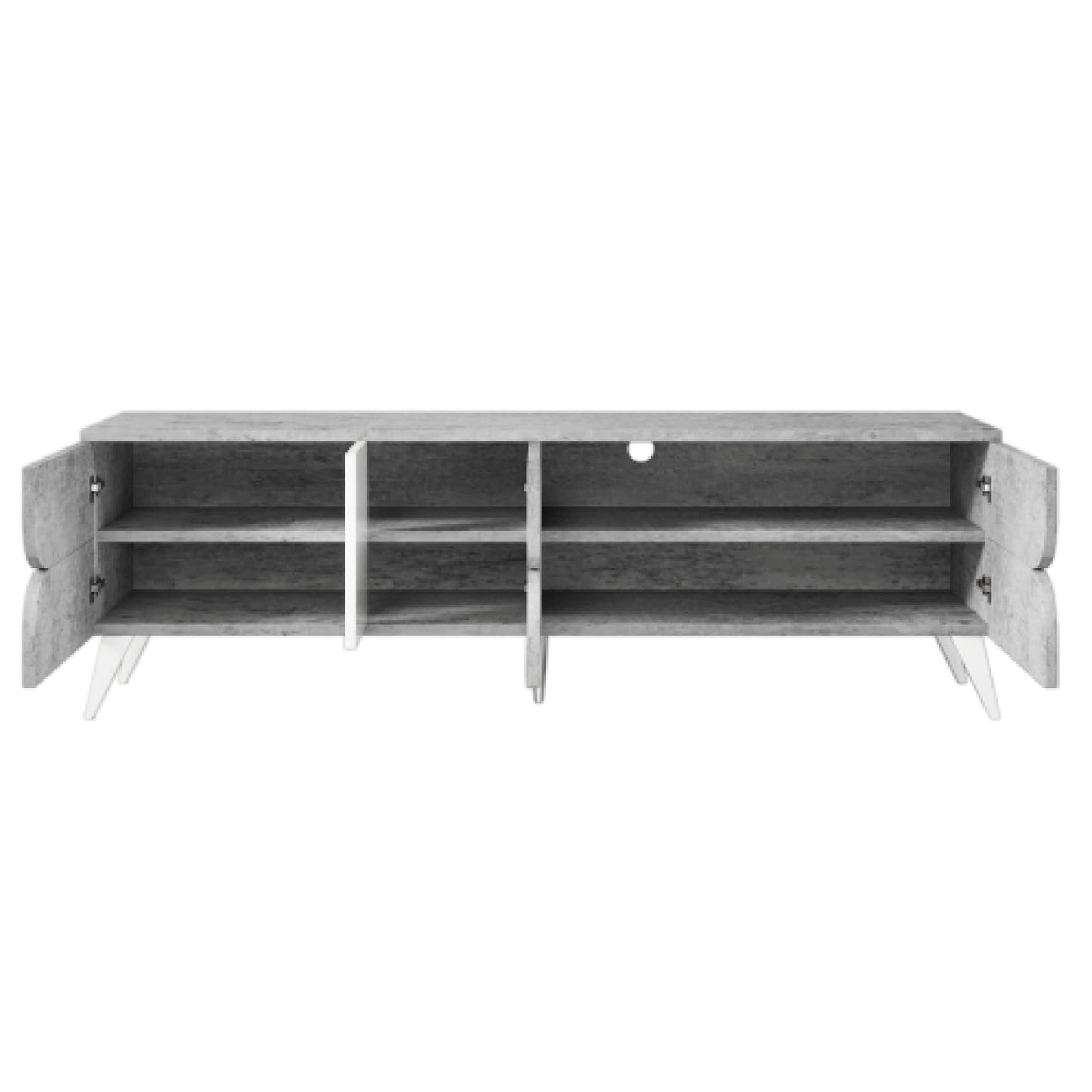 Meuble TV, Gris Ciment avec Meuble TV Blanc, Meuble TV à Compartiment Ouvert, Banc TV jusqu'à 50-59 Pouces, Meuble TV avec Portes d'armoire à Trois pétales, Taille du Meuble TV du Salon 160X40X51cm