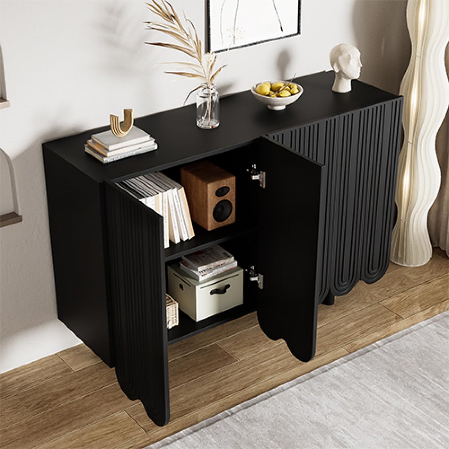 Peiaw Buffet,Meuble de Cuisine Rangement,Buffet avec 4 Portes et étagères réglables,Buffet en Forme de Larme, Noir Meuble de Rangement 120 x 80,8 x 37,5 cm, Buffet avec charnières amorties