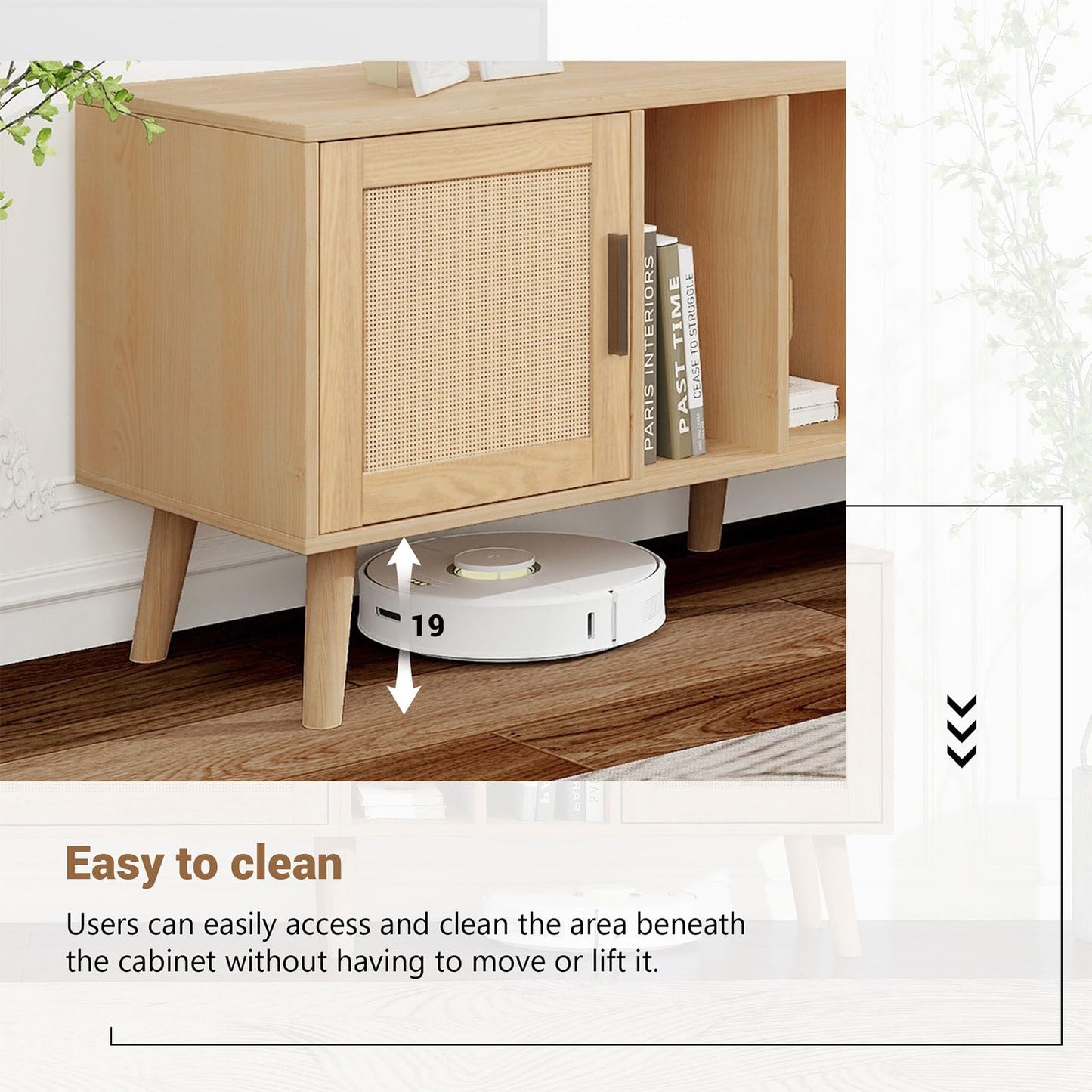 Meuble TV 180cm, Armoire De Télévision Rotin Tressé, Meuble Télé de Salon Pieds en Bois Massif, Table Télévision Convient Aux Téléviseurs de 80 Pouces, 2 Portes, 1 Tiroirs et 3 Étagères Ouvertes