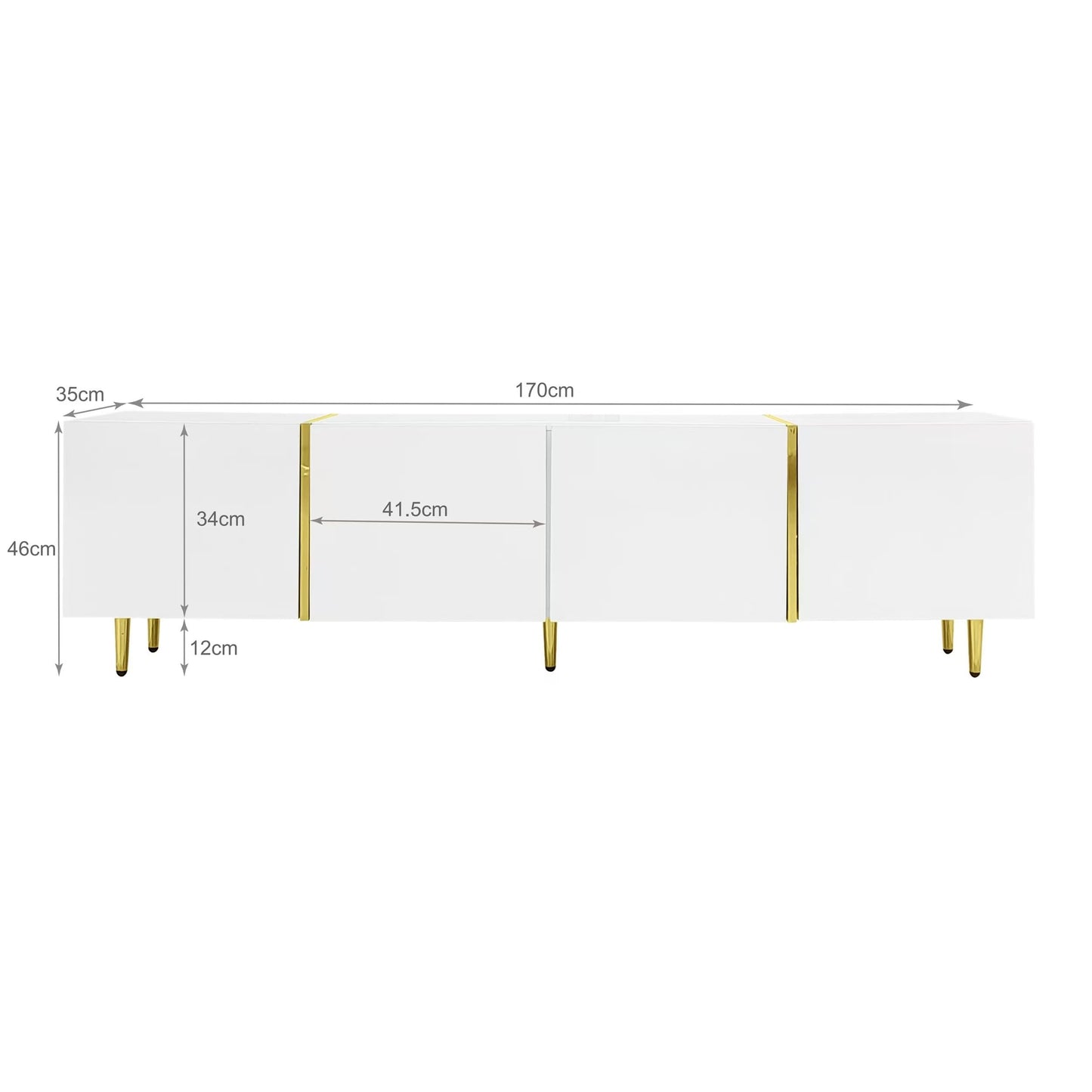 Meuble TV Moderne et Simple, 170 cm Banc TV Brillant avec Quatre Portes, Accents Dorés, Console Multimédia TV pour Les TV jusqu'à 70", Grand Espace de Rangement, Meuble Salon, Facile à Assembler