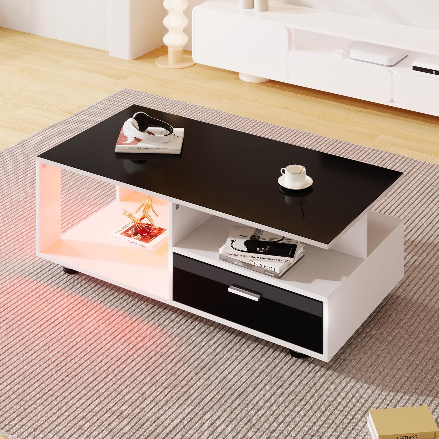 Table basse,Table basse salon,Table basse blanche et noire,Table basse LED moderne,Avec plateau noir brillant,Avec espace de rangement,Table basse avec deux tiroirs,Table basse 110 x 38,5 x 55 cm