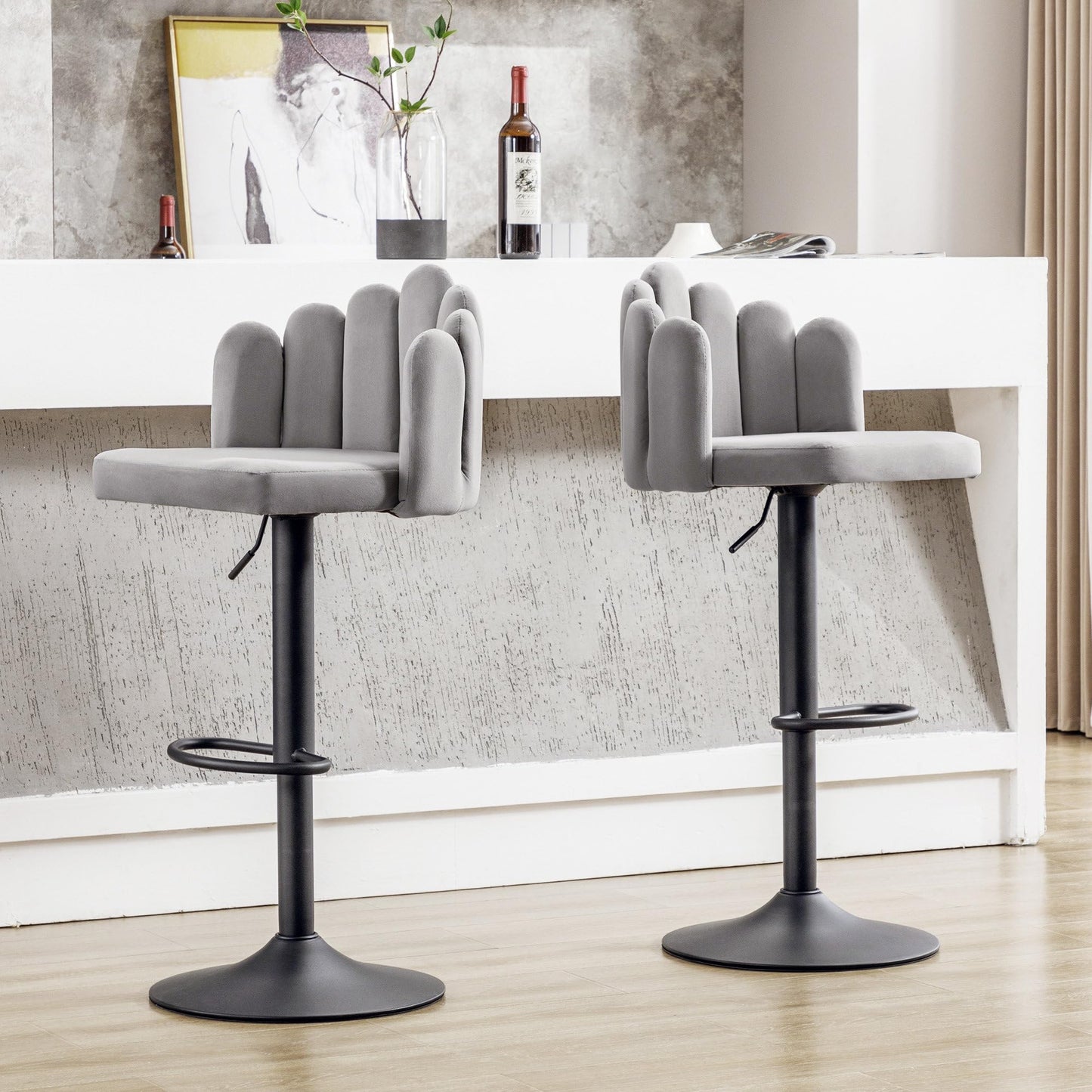Tabouret Bar Velours Gris, Chaise de Bar lot de 6, Tabourets Réglables Hauteur (56-76 cm), Chaises Pétales avec Repose-pieds, Chaises de Loisirs Modernes, pour Restaurants, Cuisine, Comptoir, Taverne
