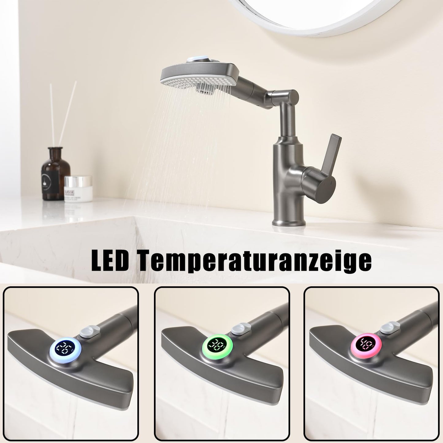 Mitigeur Lavabo Affichage Numérique LED Robinet Lavabo Gris Pistolet Robinet Cascade, Rotation à 360° Robinet Salle de Bain 3 Fonctions Mitigeur Salle de Bain