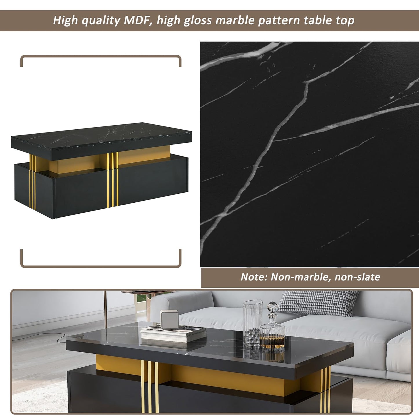 Peiaw Table Basse,Table Basse Salon,Table Basse en marbre Noir,Table Basse rectangulaire Moderne,Table Basse avec 2 tiroirs en Bois,Bordure dorée métallisée sur Le côté,Table Basse 100 x 50 x 40cm