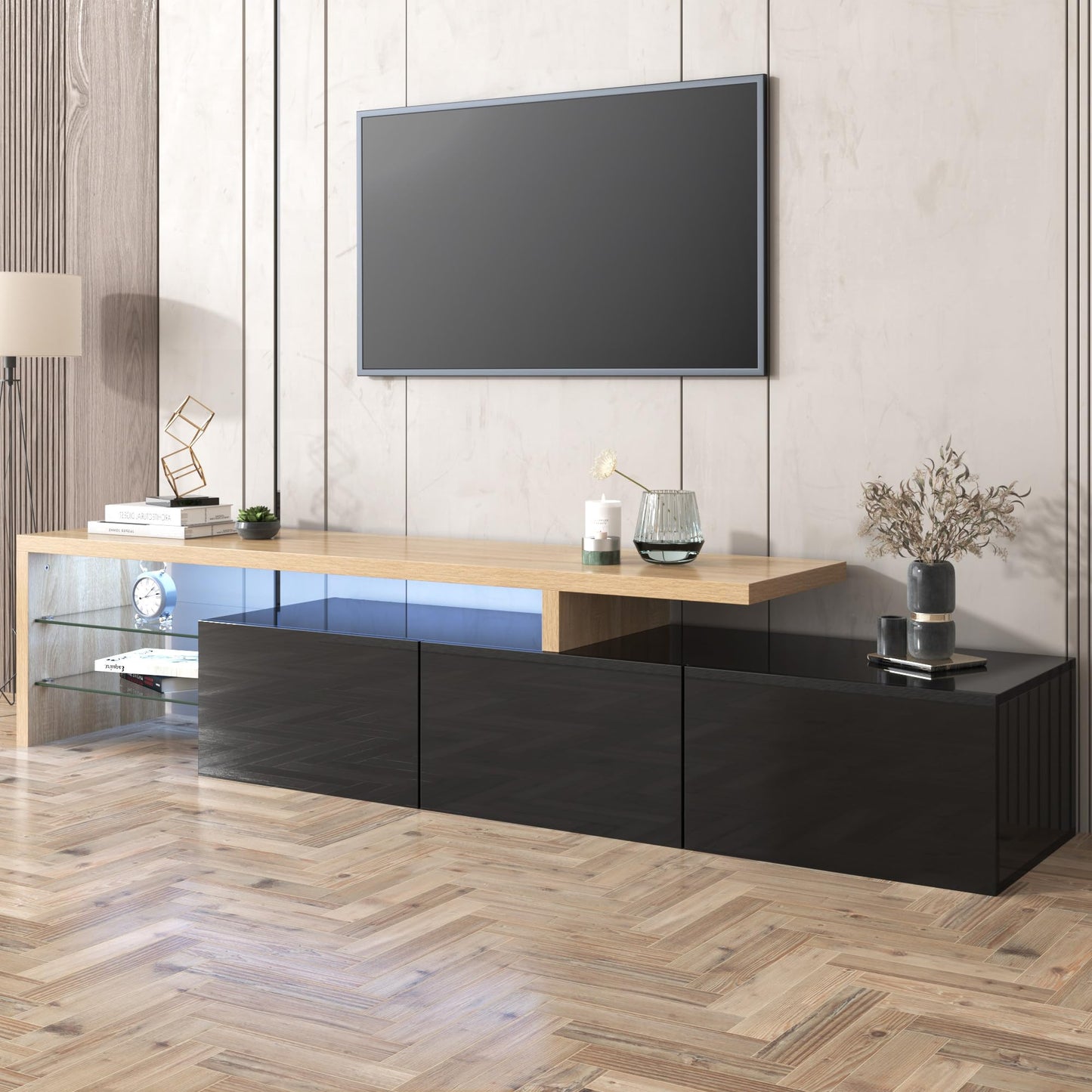 SHUGUANG Meuble TV 200 cm Longueur Meuble TV de Salon Moderne Élégance, Banc TV avec Étagères en Verre, Éclairage LED, Meuble TV Aspect Bois, Espace de Rangement Pratique, Brillant, 197,5x39x42cm