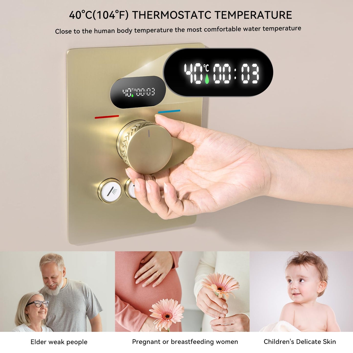 OihPaw Colonne de Douche Thermostatique Encastré Or Brossé Ensemble de Douche pour Salle de Bain avec Affichage Numérique,Système de Douche à Cascade et Pluie Rond Tête de Douche