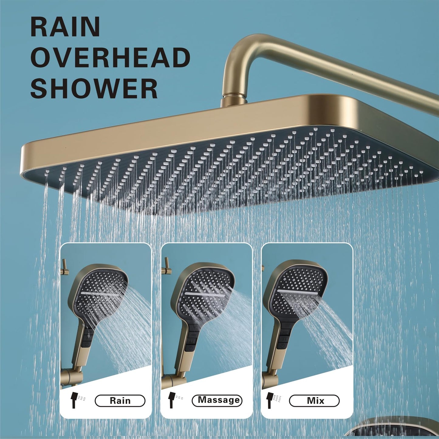 OihPaw Colonne De Douche Thermostatique Or Brossé, SystèMe De Douche Mural Piano Key avec Affichage NuméRique LED, Pommeau De Douche 33x22cm avec Douchette
