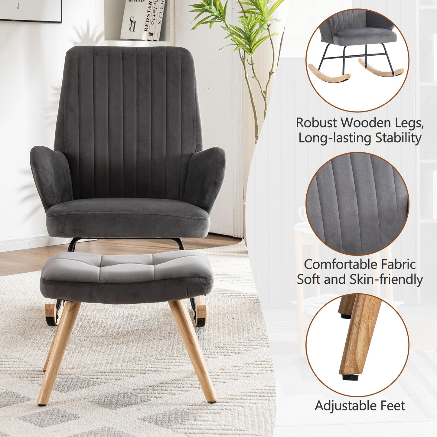 Gris Fauteuil À Bascule, Chaise de Lecture avec Velours, Rocking Chair Hauteur 97 cm, Largeur D'assise 45 cm avec Repose-Pieds (48*37*37 cm), Chaise a Bascule Approprié Coucher, Salon, Dortoir