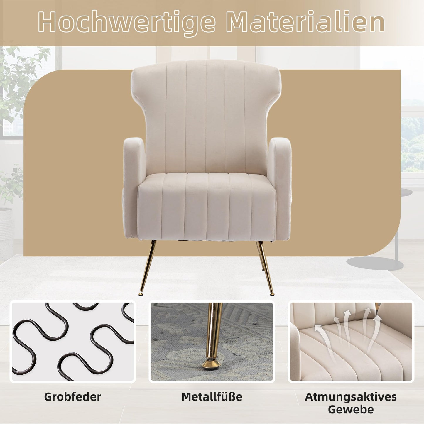 SHUGUANG Fauteuil Confortable Velours, Fauteuil Salon Confortable Chaise Coiffeuse avec Pieds Métalliques Dorés, Forme de Chaise Cigare Chaise de Lecture en Vigueur Chambre à Coucher, Salon