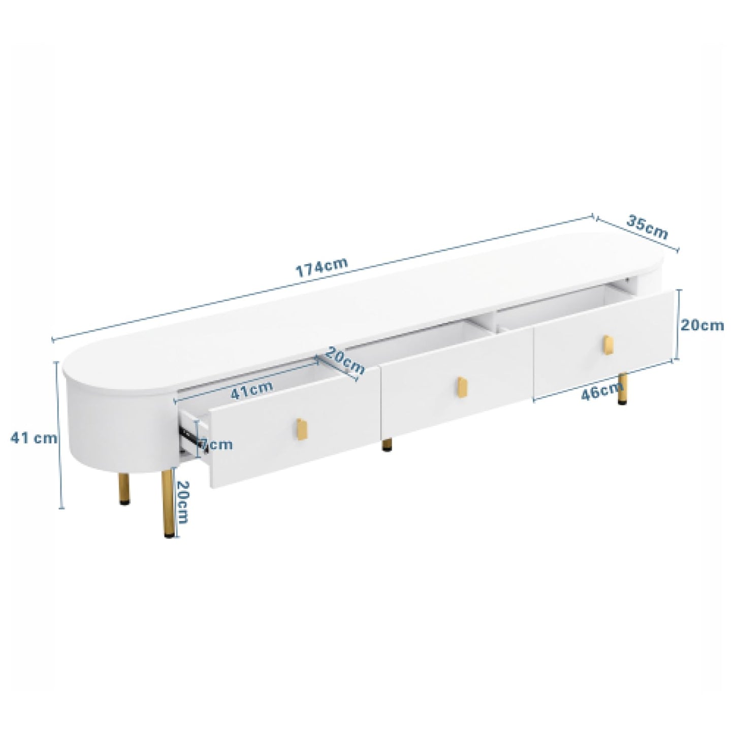 Meuble TV, Meuble TV Blanc avec Trois tiroirs, Meuble TV, Banc TV avec côtés incurvés, Meuble TV de Salon Peut contenir jusqu'à 60-69 Pouces, la Taille de la Table TV est de 174 cm X 35 cm X 41 cm