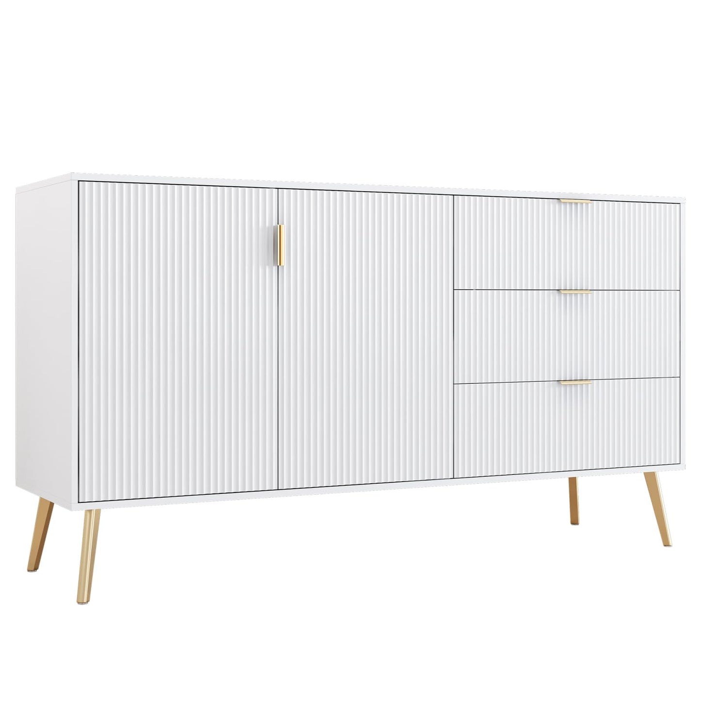 Buffets,Meuble de rangement blanc,placard,Commode de salon moderne,Buffet avec 2 portes et 3 tiroirs,Commode avec poignées et pieds dorés,Convient pour cuisine,salle à manger, bureau 140 x 40 x 78 cm