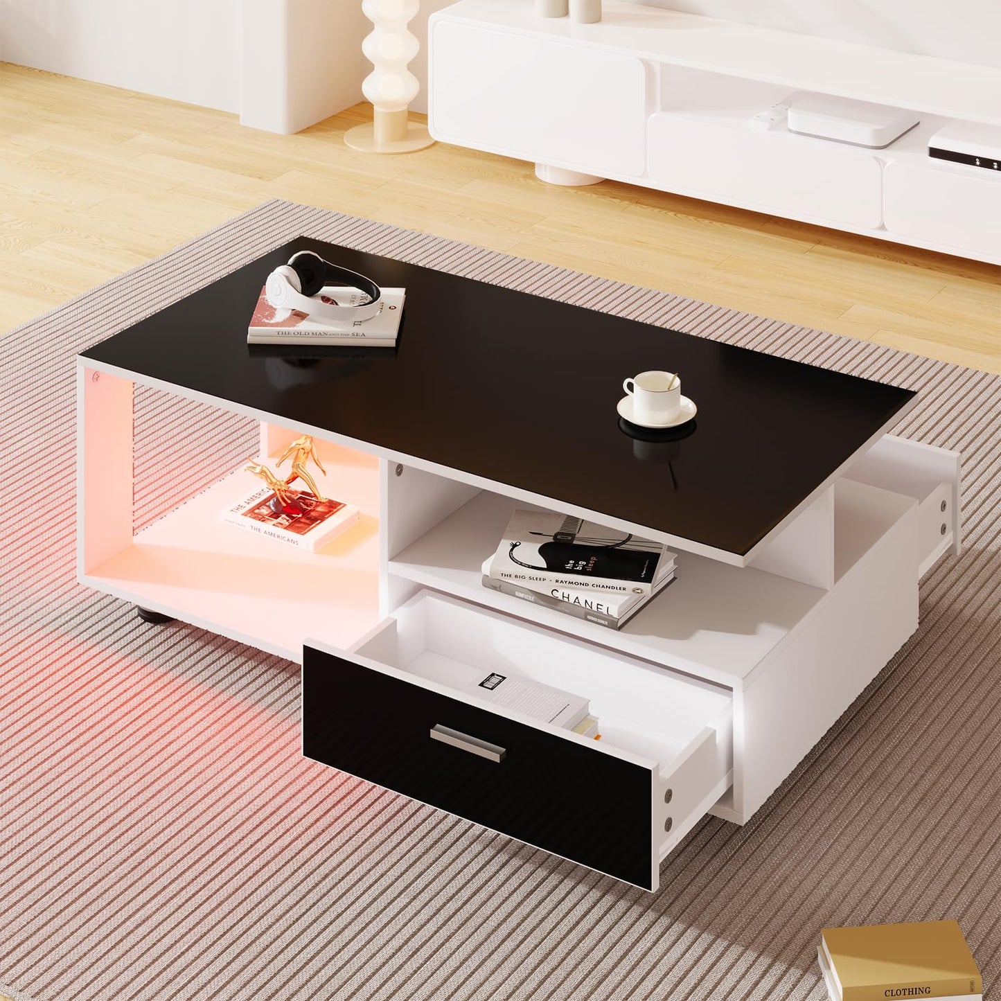 Table basse,Table basse salon,Table basse blanche et noire,Table basse LED moderne,Avec plateau noir brillant,Avec espace de rangement,Table basse avec deux tiroirs,Table basse 110 x 38,5 x 55 cm