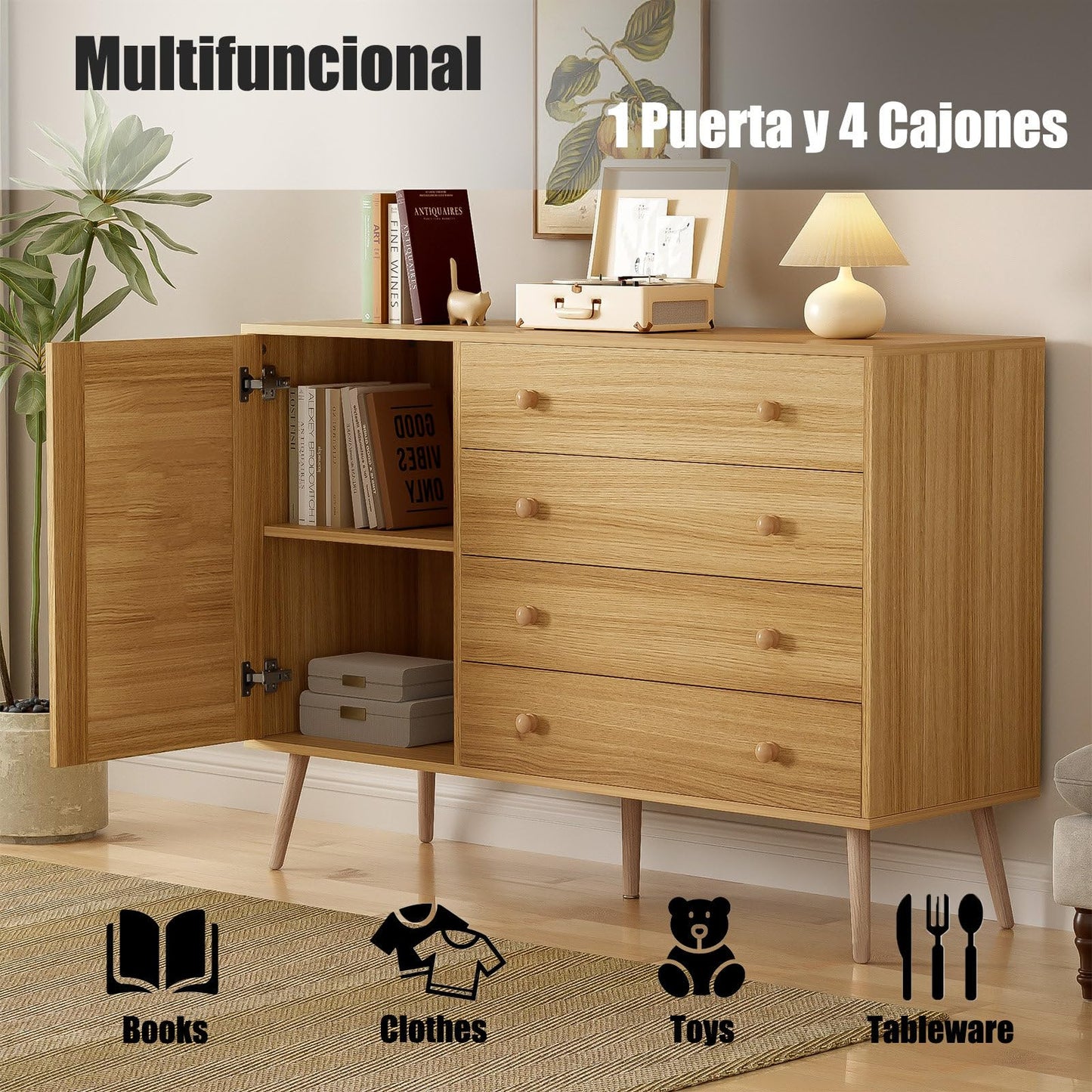 Sideboard 1 Tür und 4 Schubladen, Kommode Gewebte Rattanstruktur, Mehrzweckschrank Hohe Tragfähigkeit, Küchenschrank Minimalistisches Design, Schubladenschrank Holzoptik, 120 x 83 x 40 cm (B/H/T)